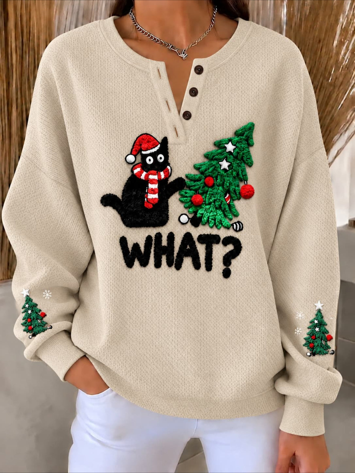 What?” Christmas Cat Textured-Knit Henley Sweatshirt