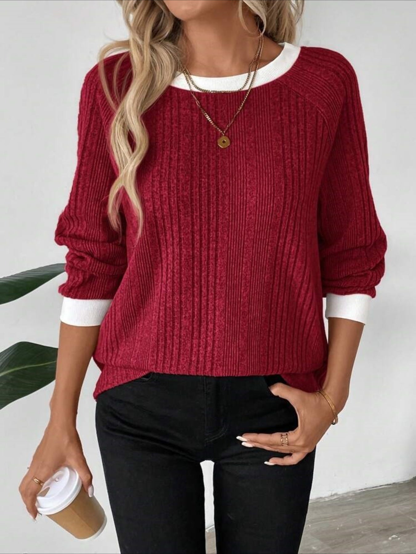 Long Sleeve Pullover with Elegant Contrast Collar Top