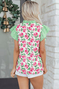 Multicolour Sweet Floral Print Striped Ruffle Trim V Neck Blouse