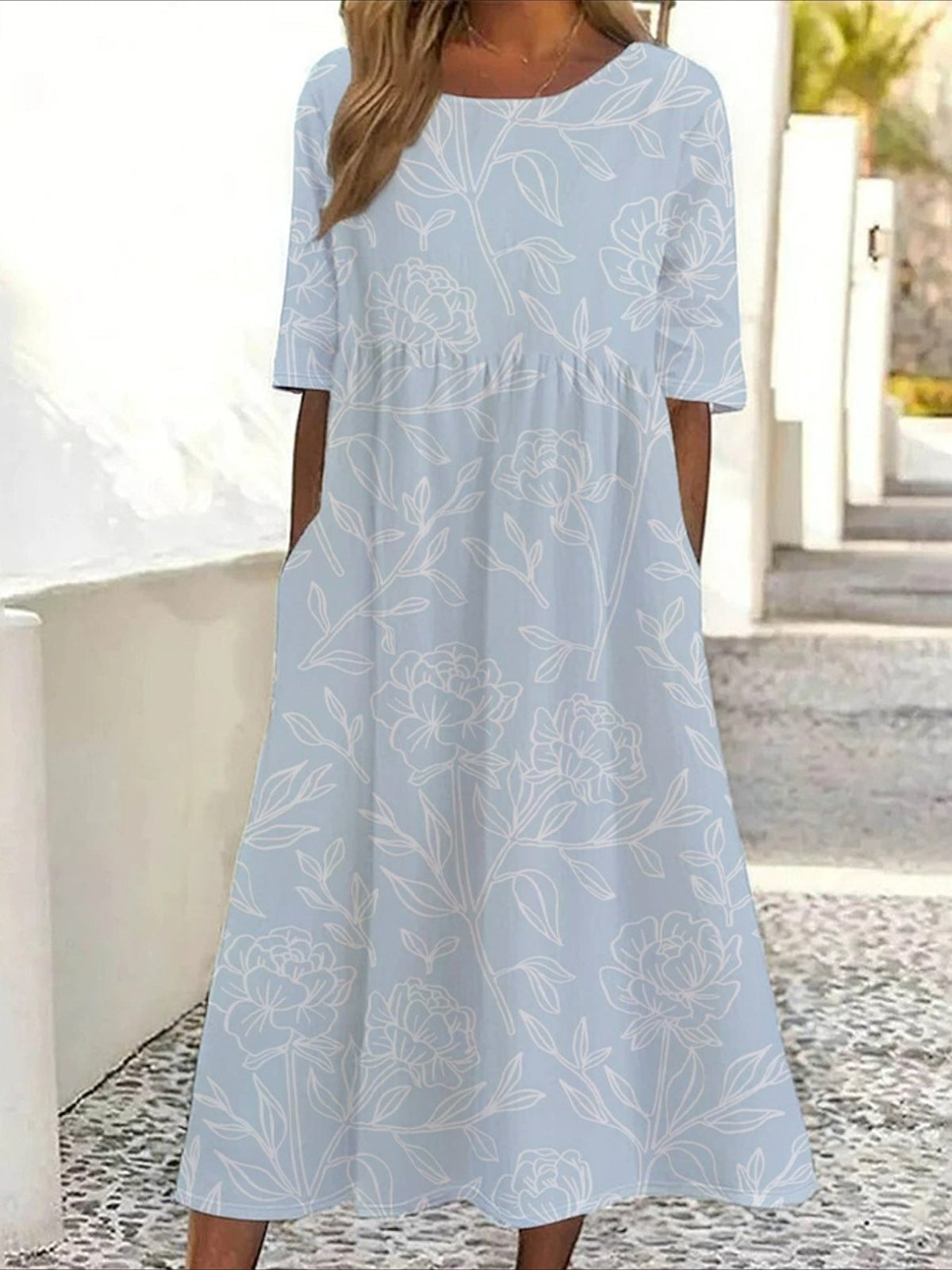 Floral Printing Crew Neck Short Sleeve H-Line Dress
