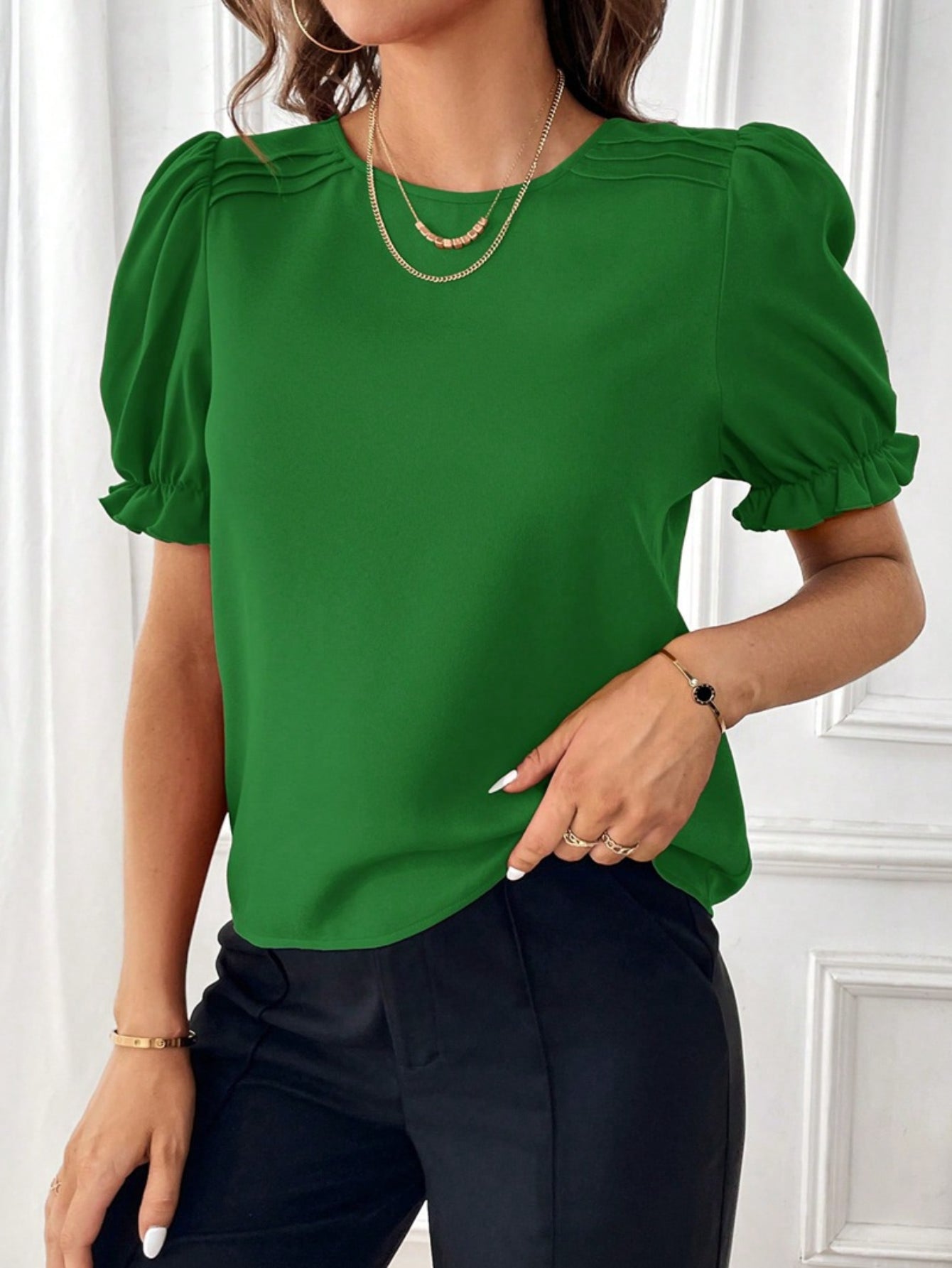 Solid Crew Neck Blouse, Elegant Puff Sleeve Blouse