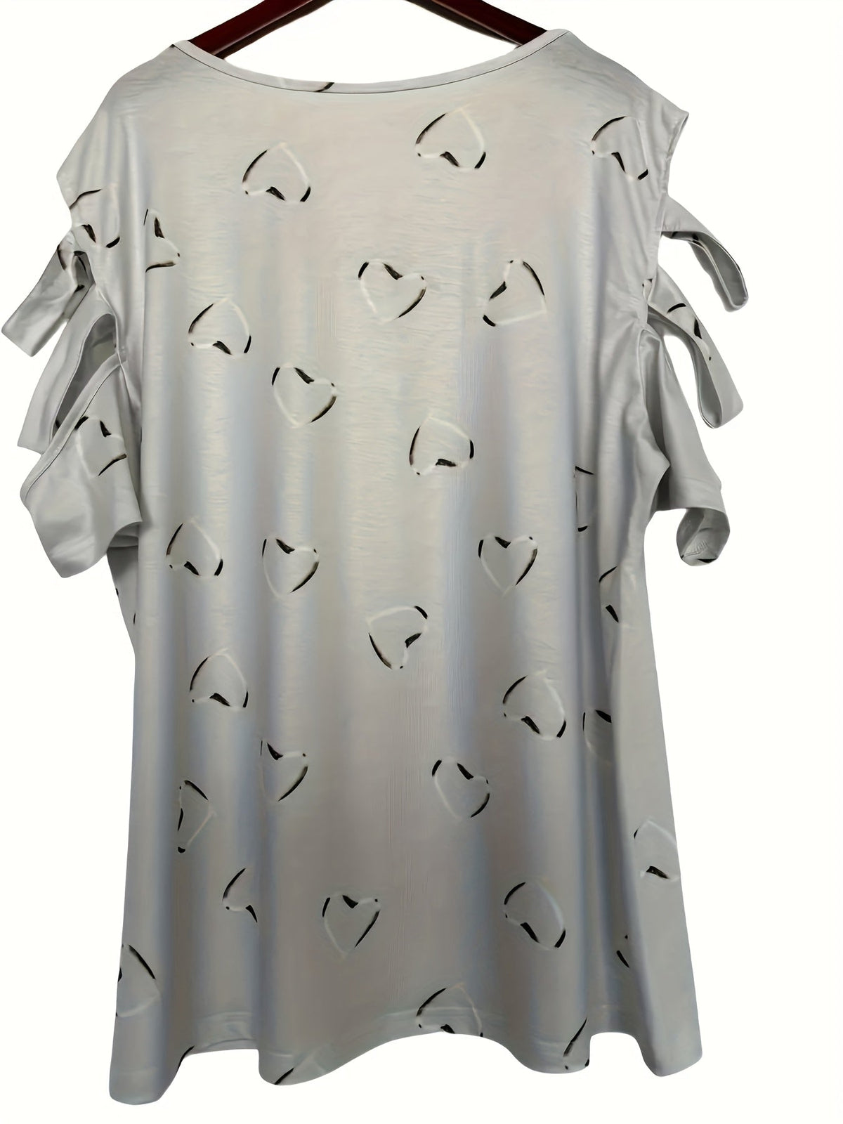 Short Sleeve Heart Print V-Neck T-Shirt with Cold Shoulder Design