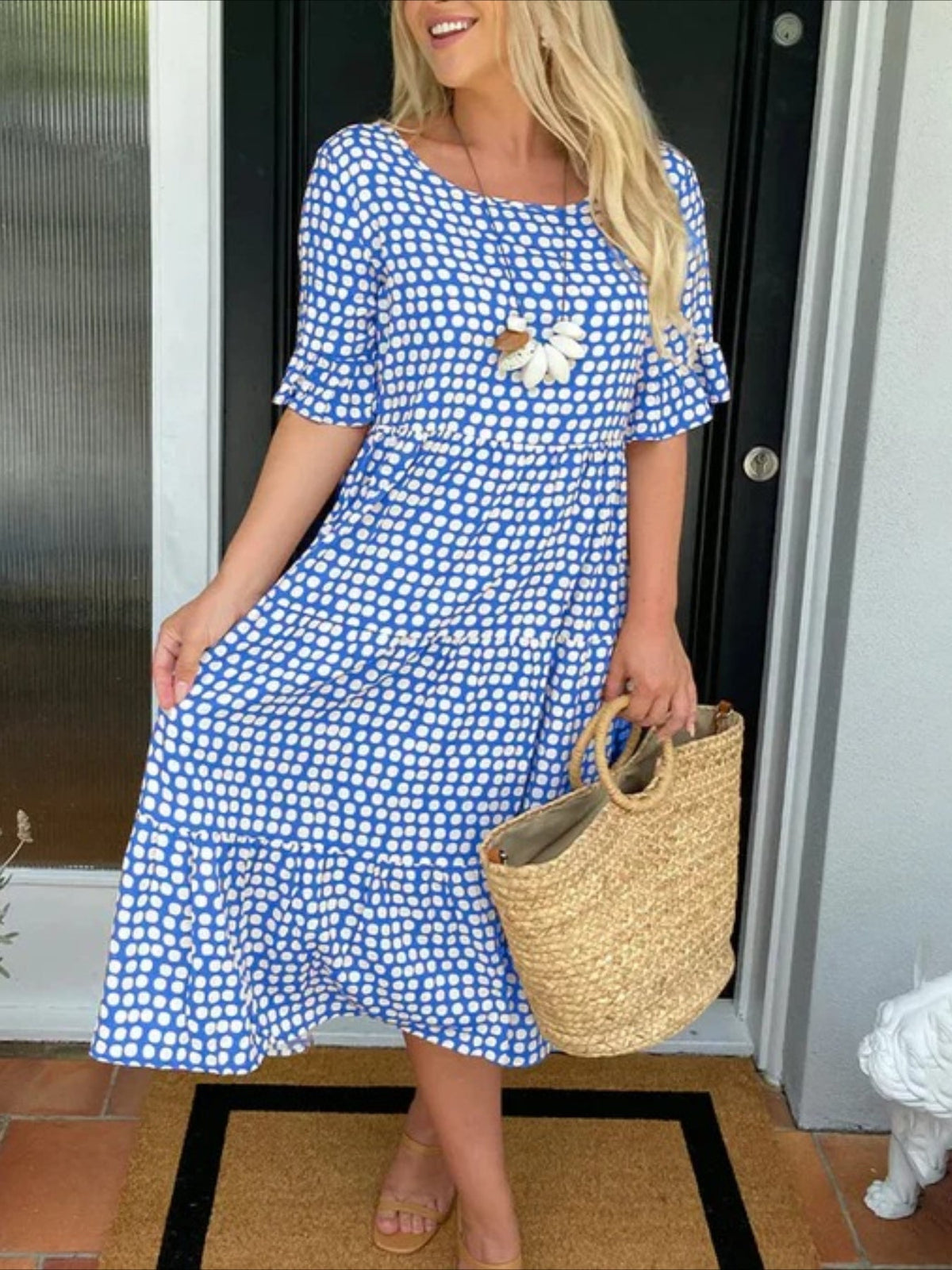 Round Neck Print Short Sleeve Maxi Dress
