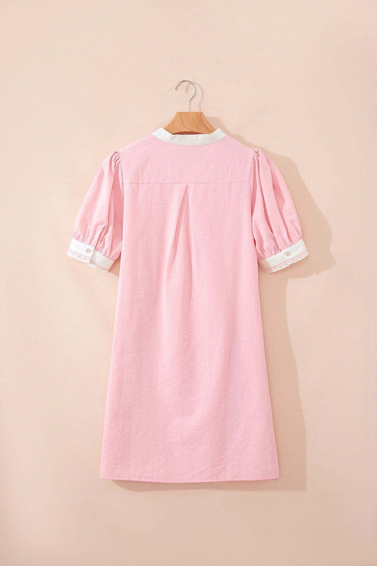 Light Pink Scallop Color Block Trim Puff Sleeve Mini Dress