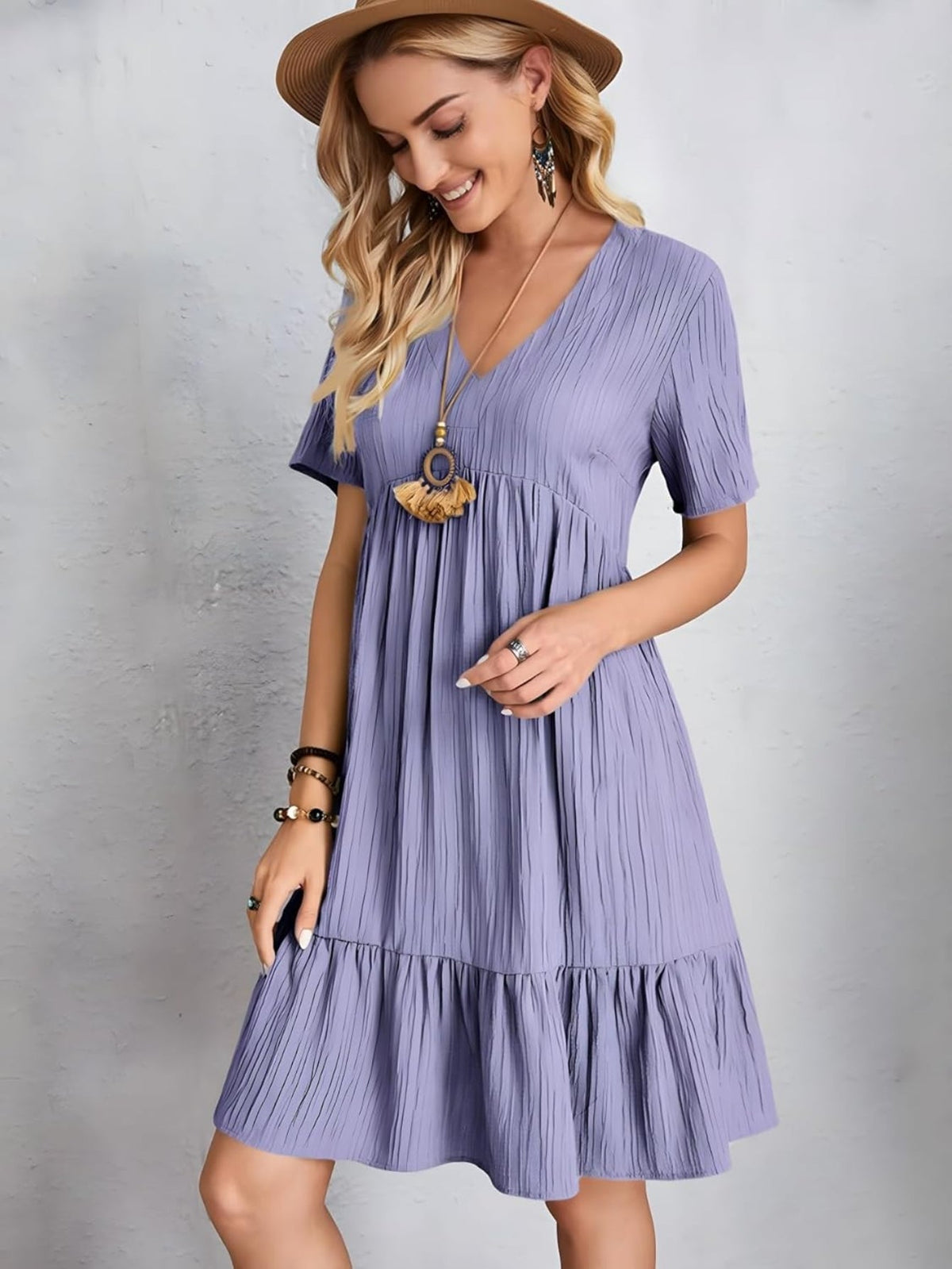 Short Sleeve V Neck Ruffle Mid Dress