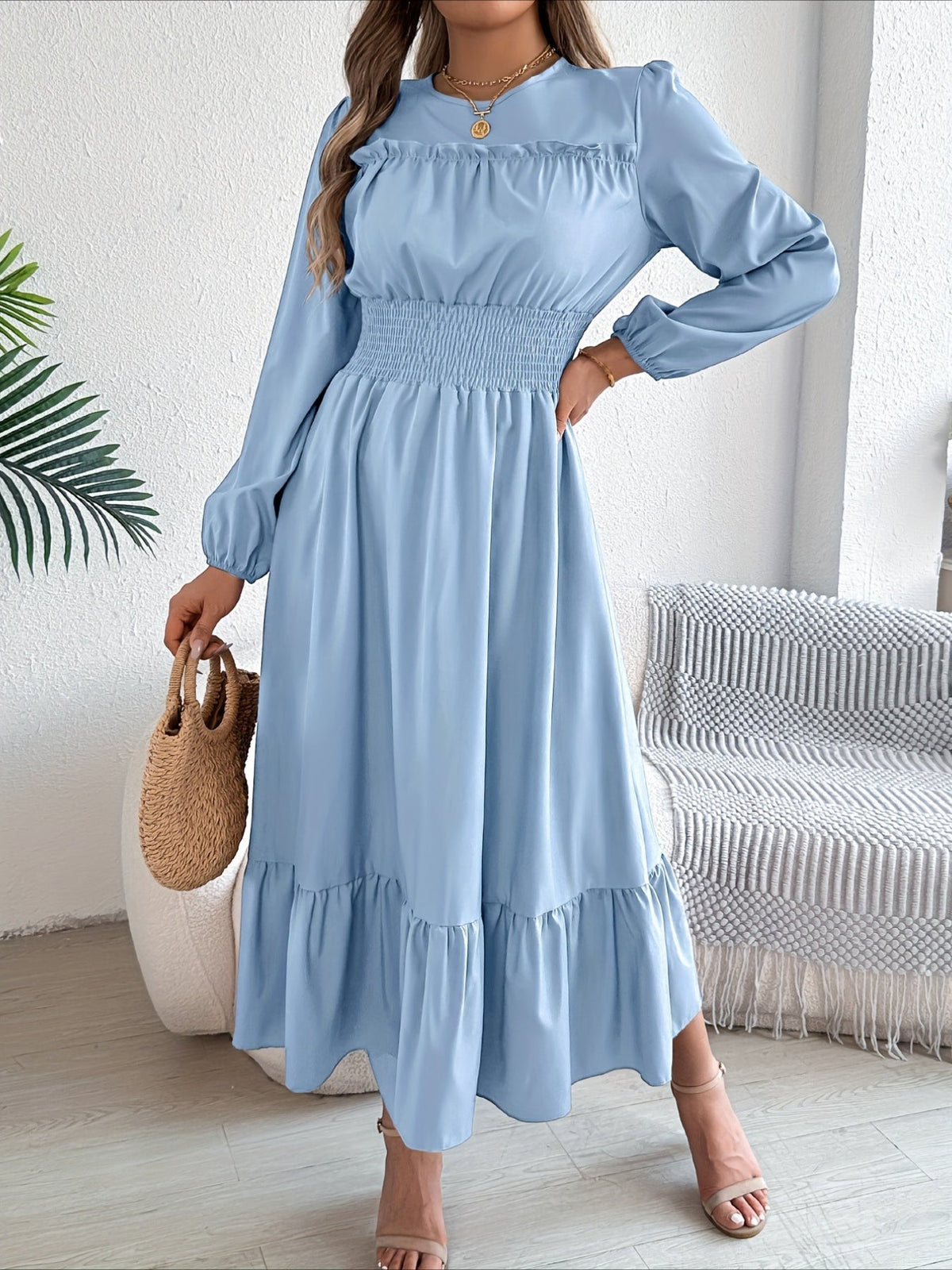 Elegant Long Sleeve Hem Round Neck Dress