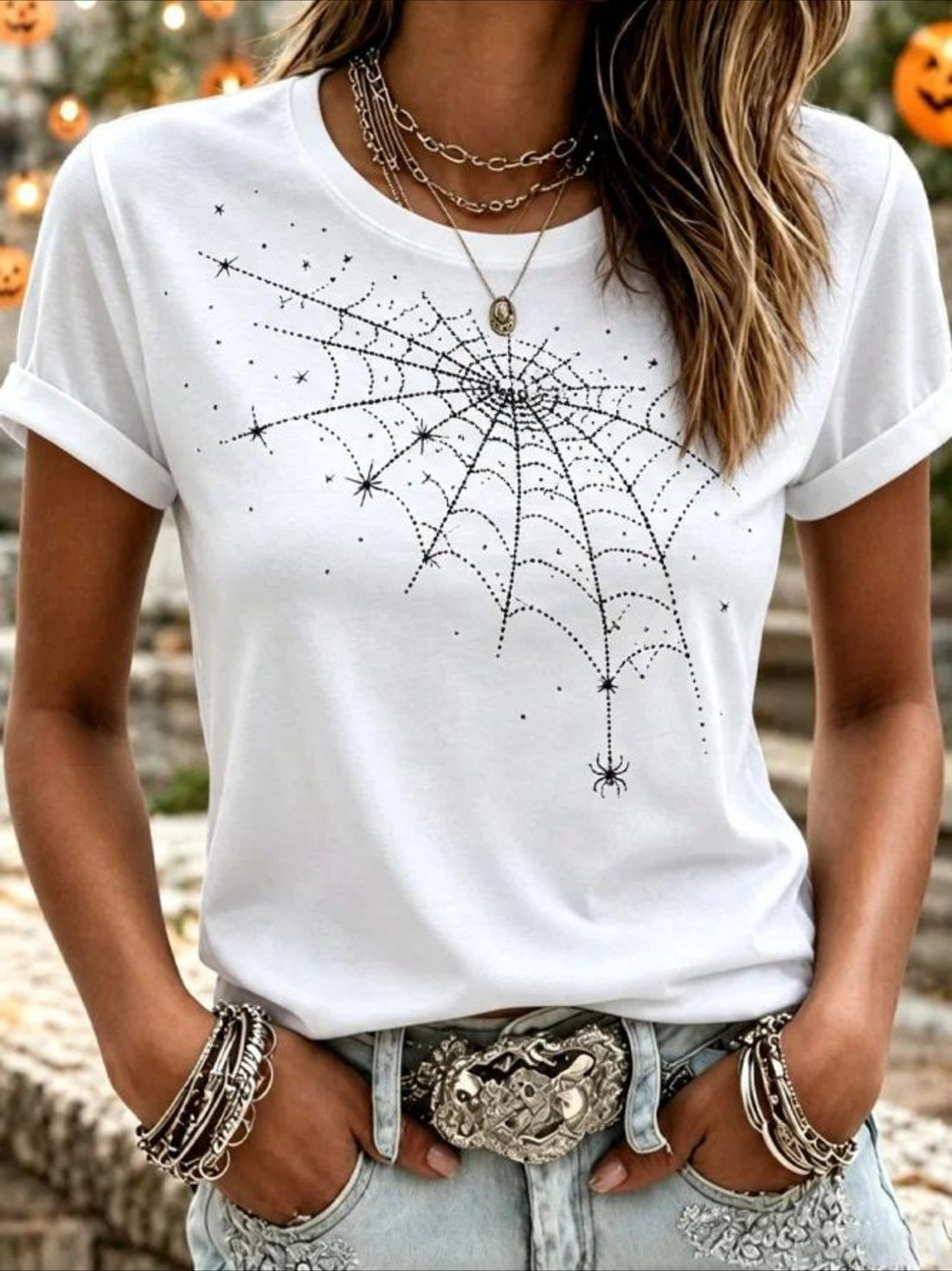 100% Cotton Spider Web Pattern Crew Neck Short Sleeve T-Shirt