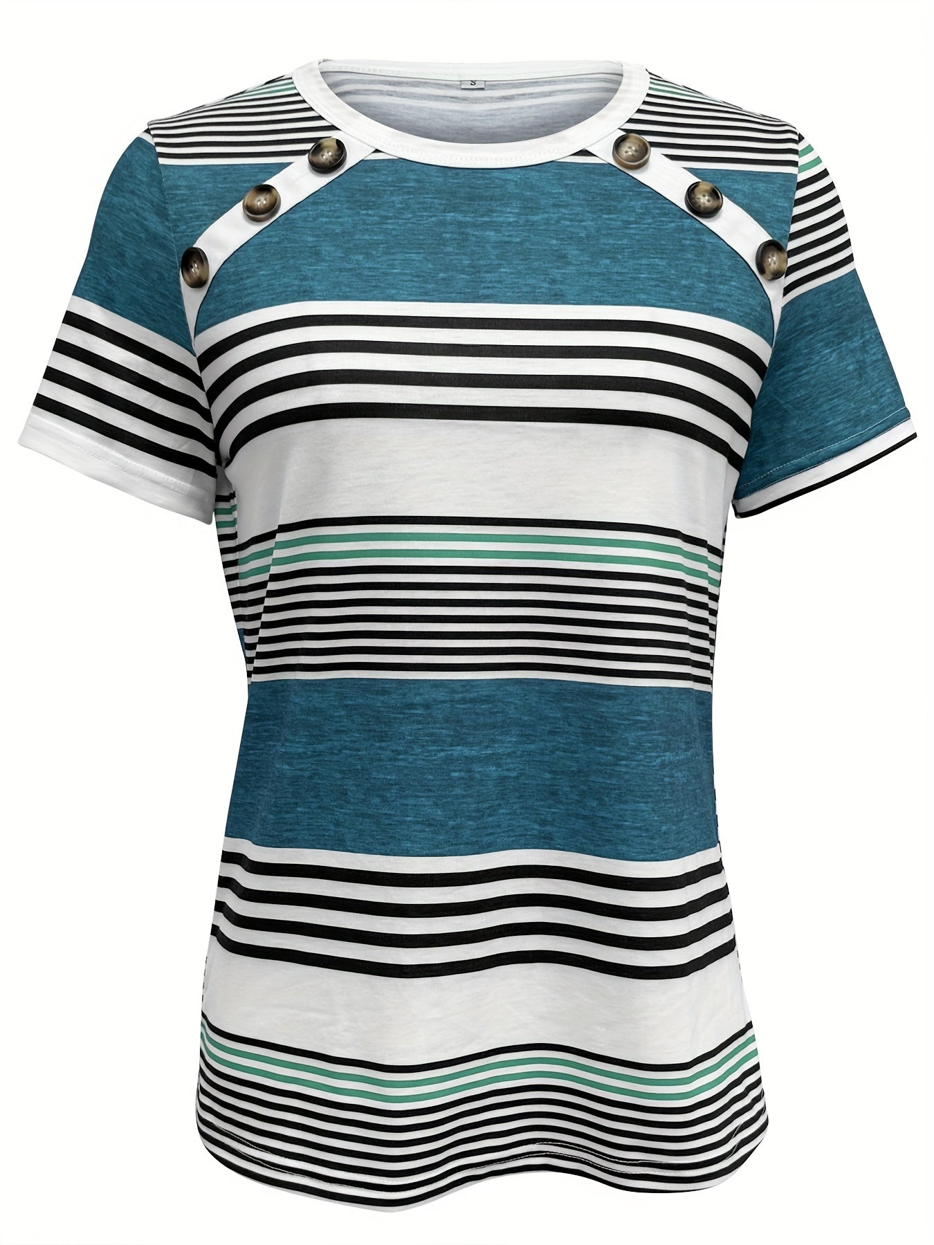 Button Front Vibrant Striped Short Sleeve Crew Neck T-Shirt