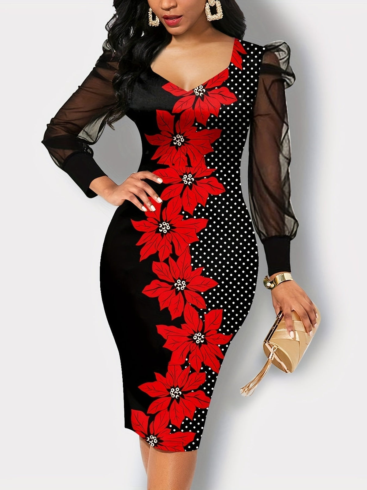 Butterfly Print Contrast Mesh Dress, Elegant Crew Neck Long Sleeve Dress