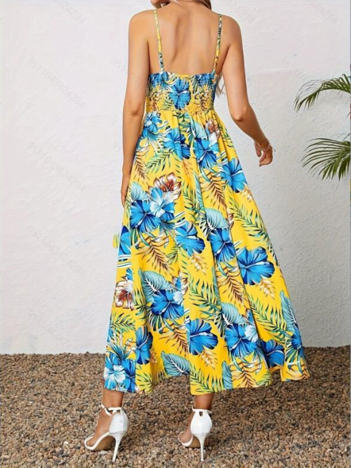 Floral Print Spaghetti Strap Elegant Sleeveless Split Dress