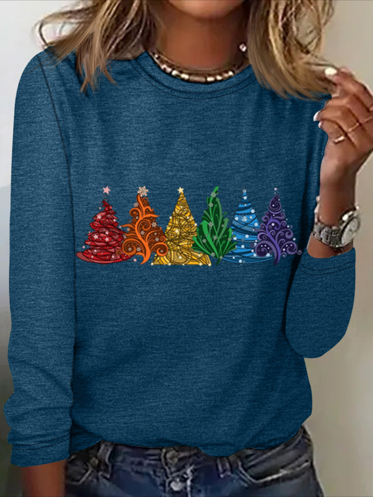 Christmas Tree Cotton-Blend Crew Neck Casual Long Sleeve Shirt
