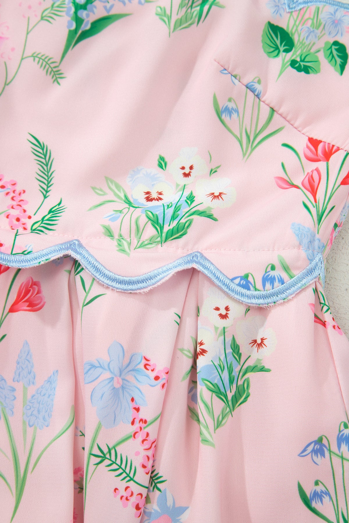 Pink Floral Print Contrast Trim Self-tie Straps High Waist Midi Dress