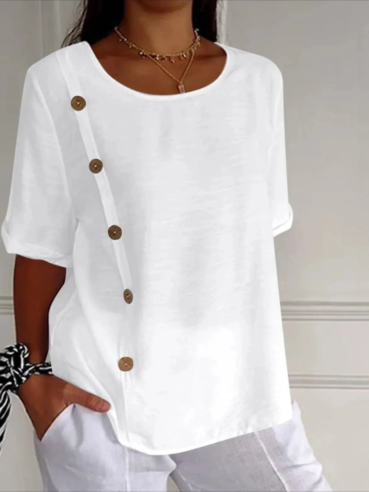 Elegant Solid Color Casual Loose Fit Crew Neck Shirt