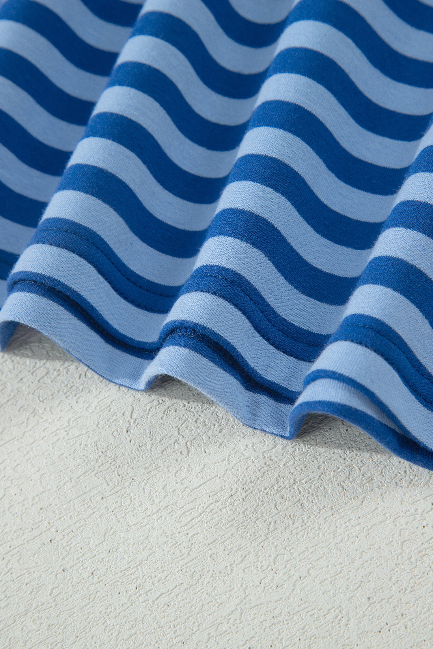 Blue Stripe Striped Ribbed Cotton Two-Piece Short Set with Chest Patch Detail