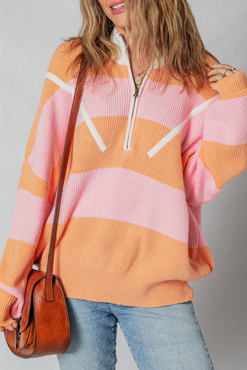 Orange Stripe Colorblock Half Zip Oversize Sweater
