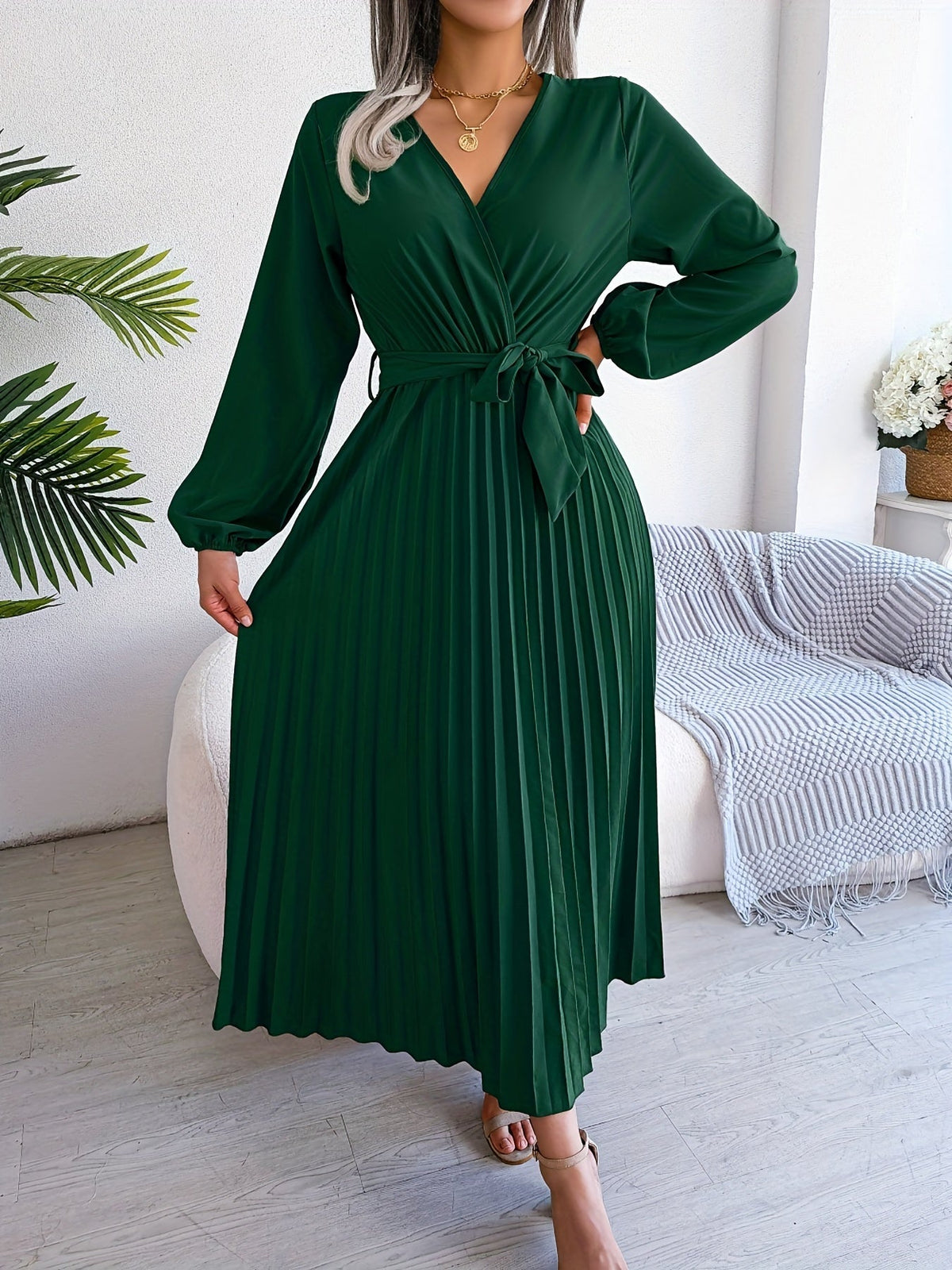 Pleated Surplice Neck Dress, Elegant Long Sleeve Solid Dress, Women's Clothing