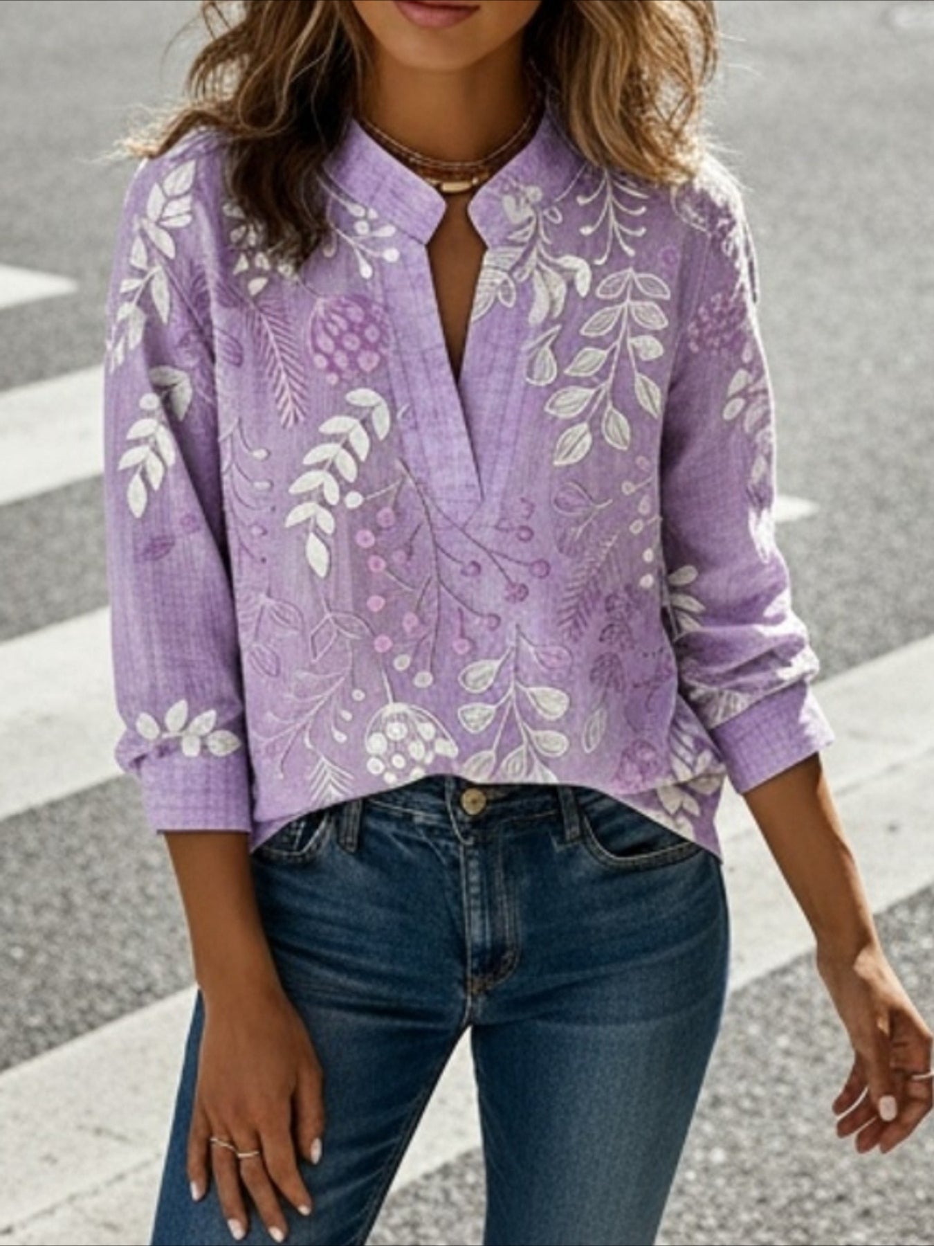 Vintage Floral Prints Stand Collar Casual Long Sleeve Blouse Shirt