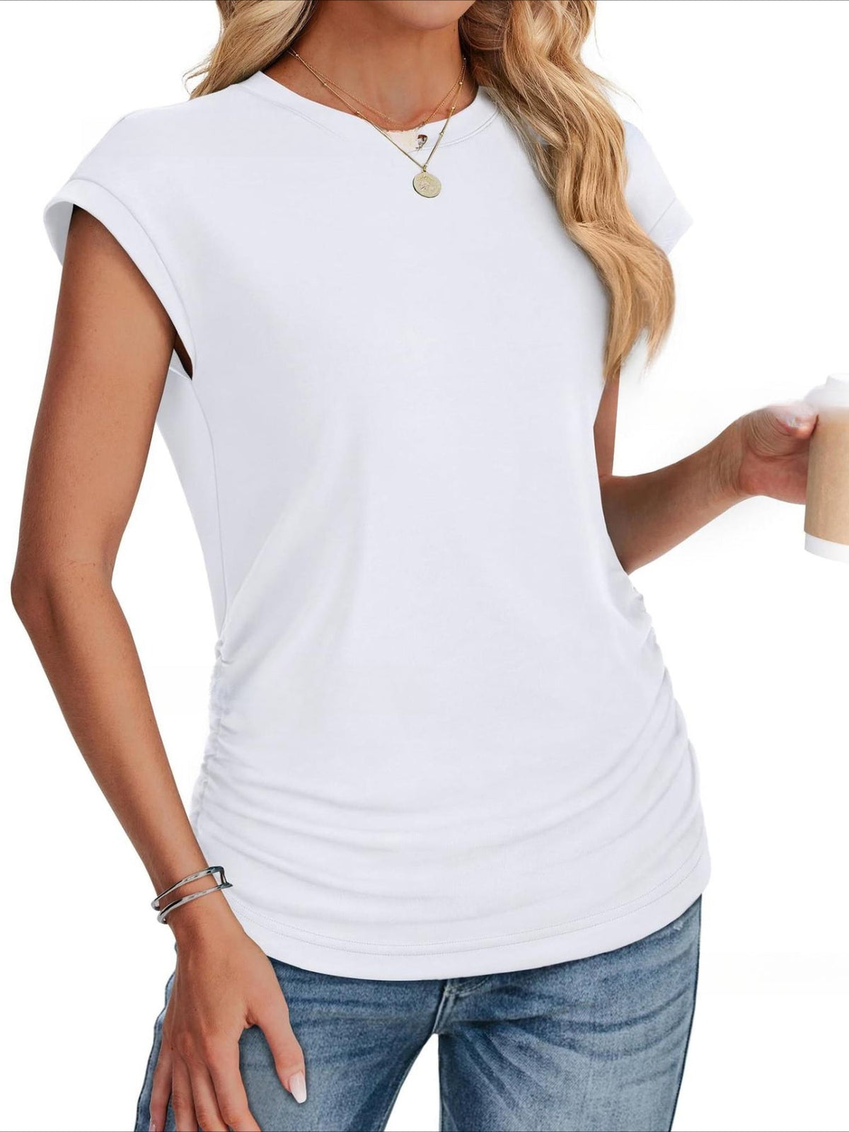 Solid Color Crew Neck Ruched Cap Short Sleeve T Shirts