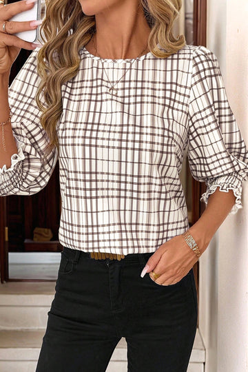 White Plaid Print Frilled Puffy Half Sleeve Blouse