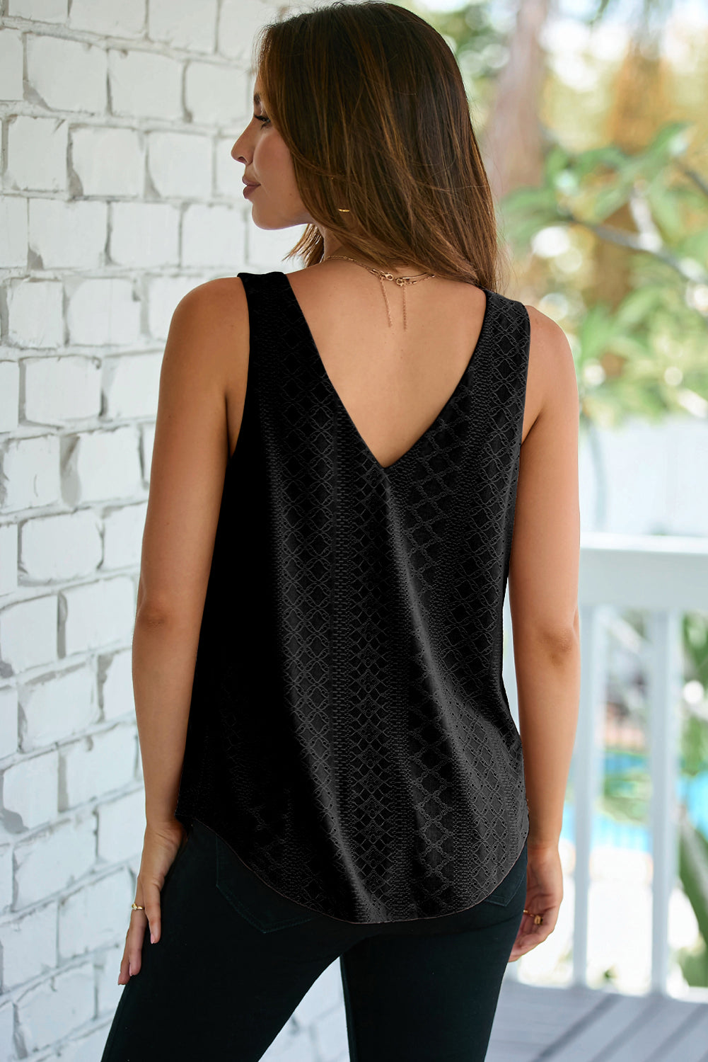 Black Eyelet Knit Patterned Loose V Neck Tank Top