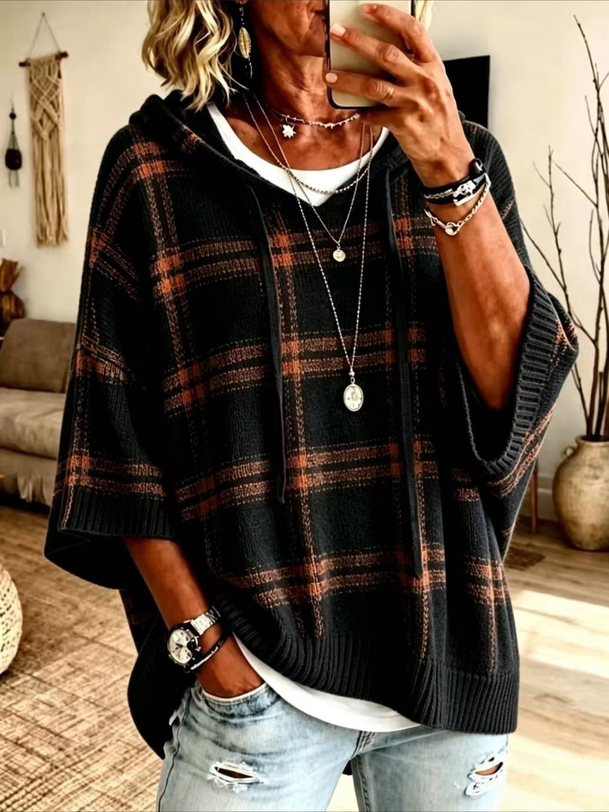 Plaid Hooded Knit Poncho Sweater with Drawstring