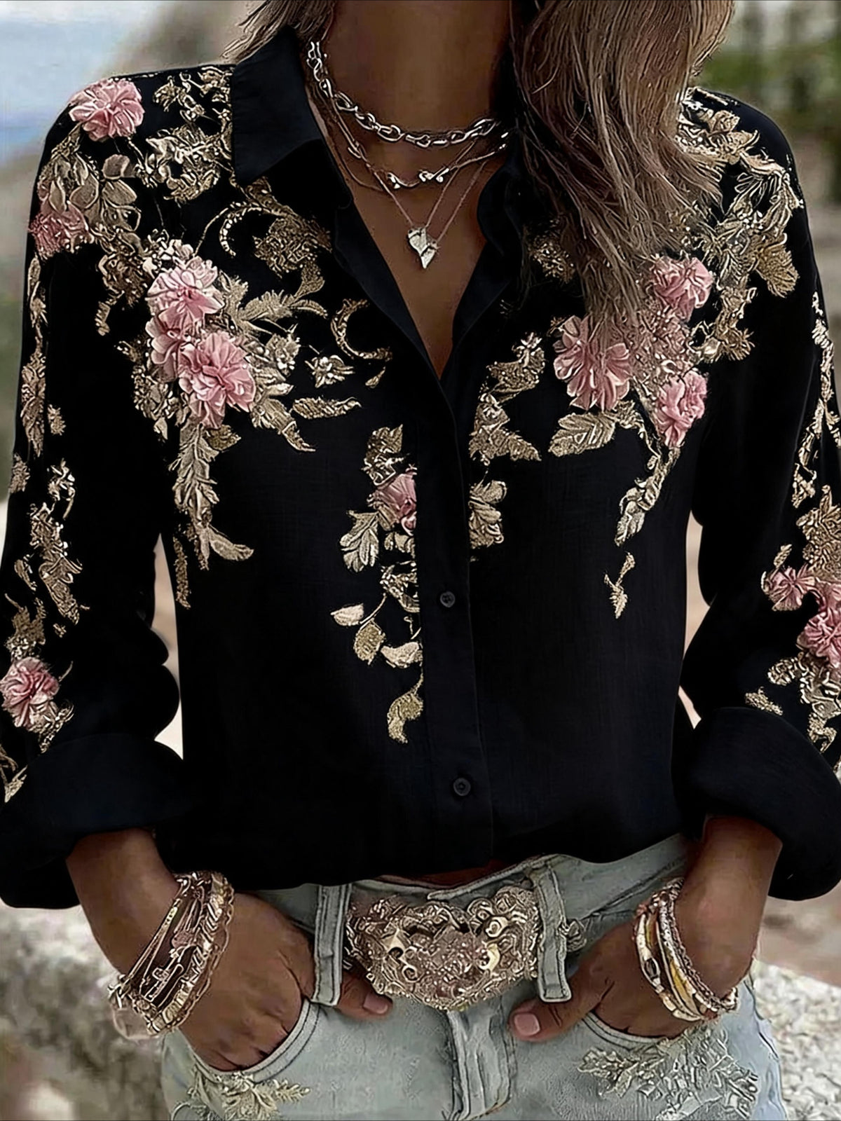 Flower Prints Stand Collar Casual Long Sleeve Blouse