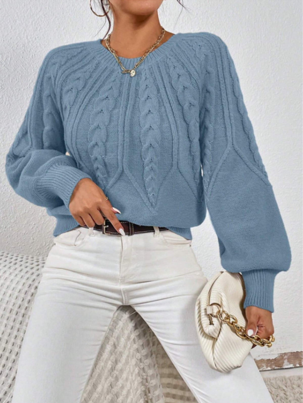 Casual Pullover Chic Knit Lantern Sleeves & Ruffle Detail Sweater