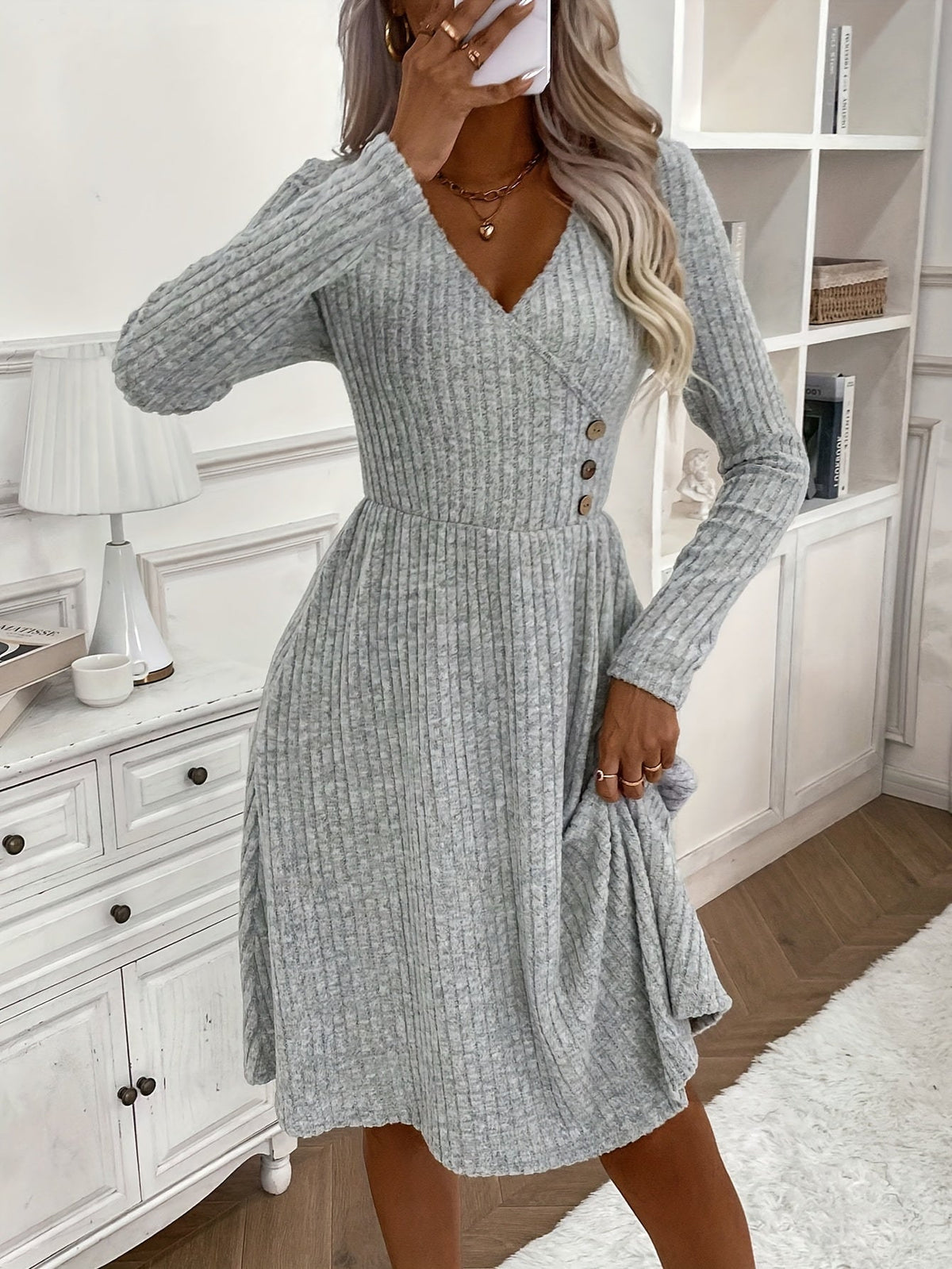 Solid V-neck Button Decor Dress, Elegant Long Sleeve Slim Dress