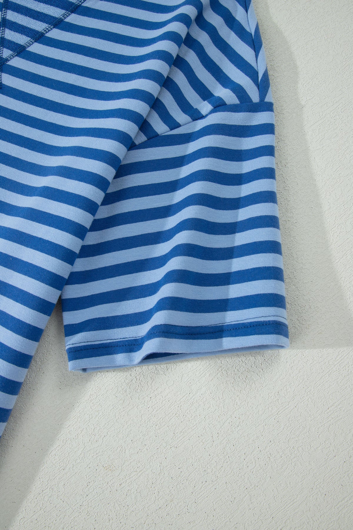 Blue Stripe Striped Ribbed Cotton Two-Piece Short Set with Chest Patch Detail