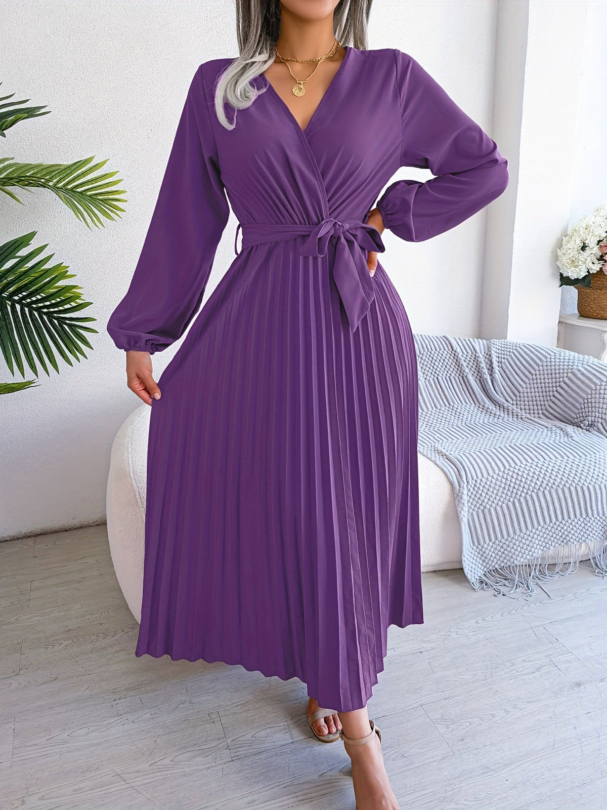 Pleated Surplice Neck Dress, Elegant Long Sleeve Solid Dress, Women's Clothing