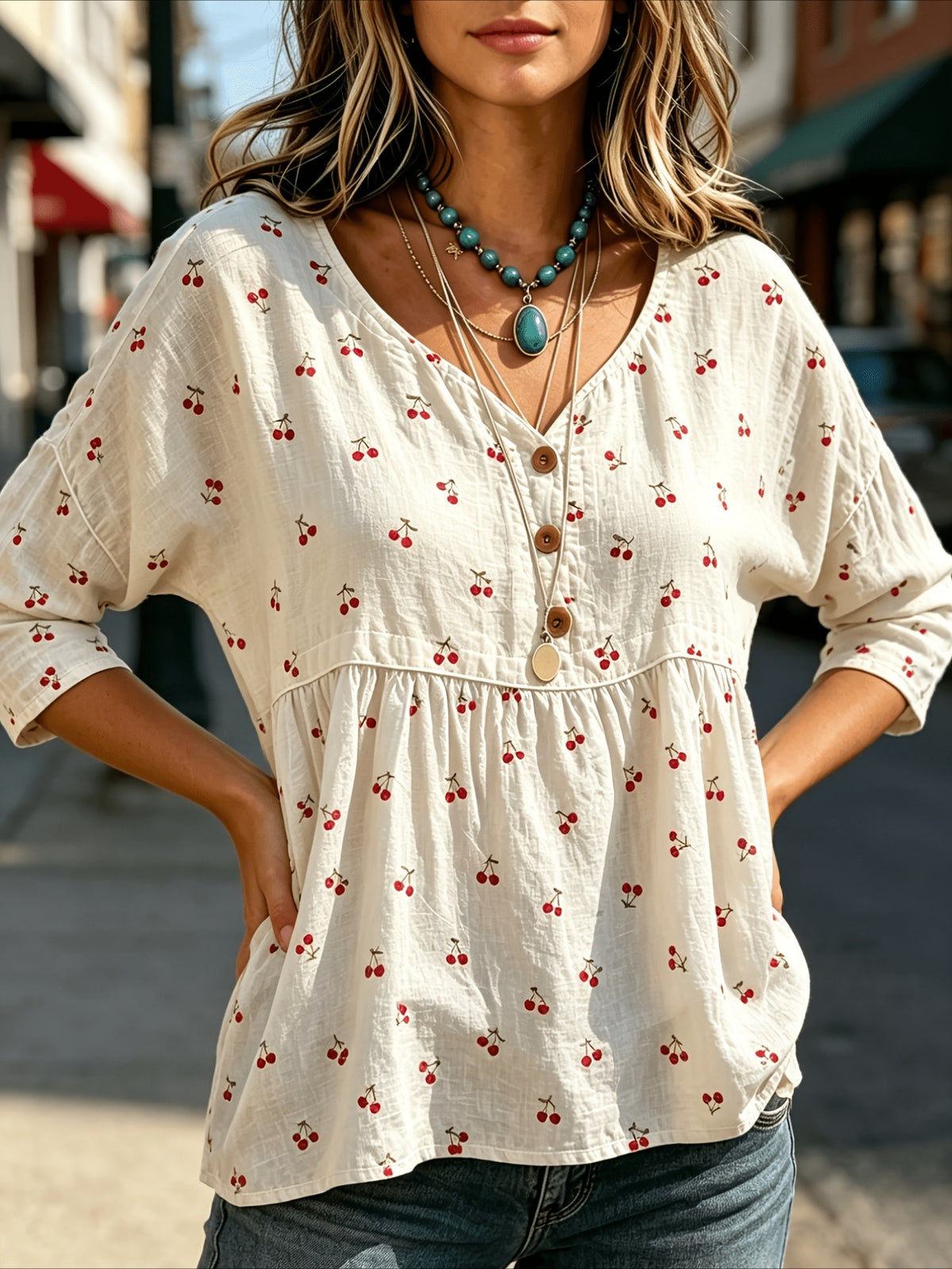 Floral Print 3/4 Sleeve V-Neck Three-Button Front Babydoll Blouse