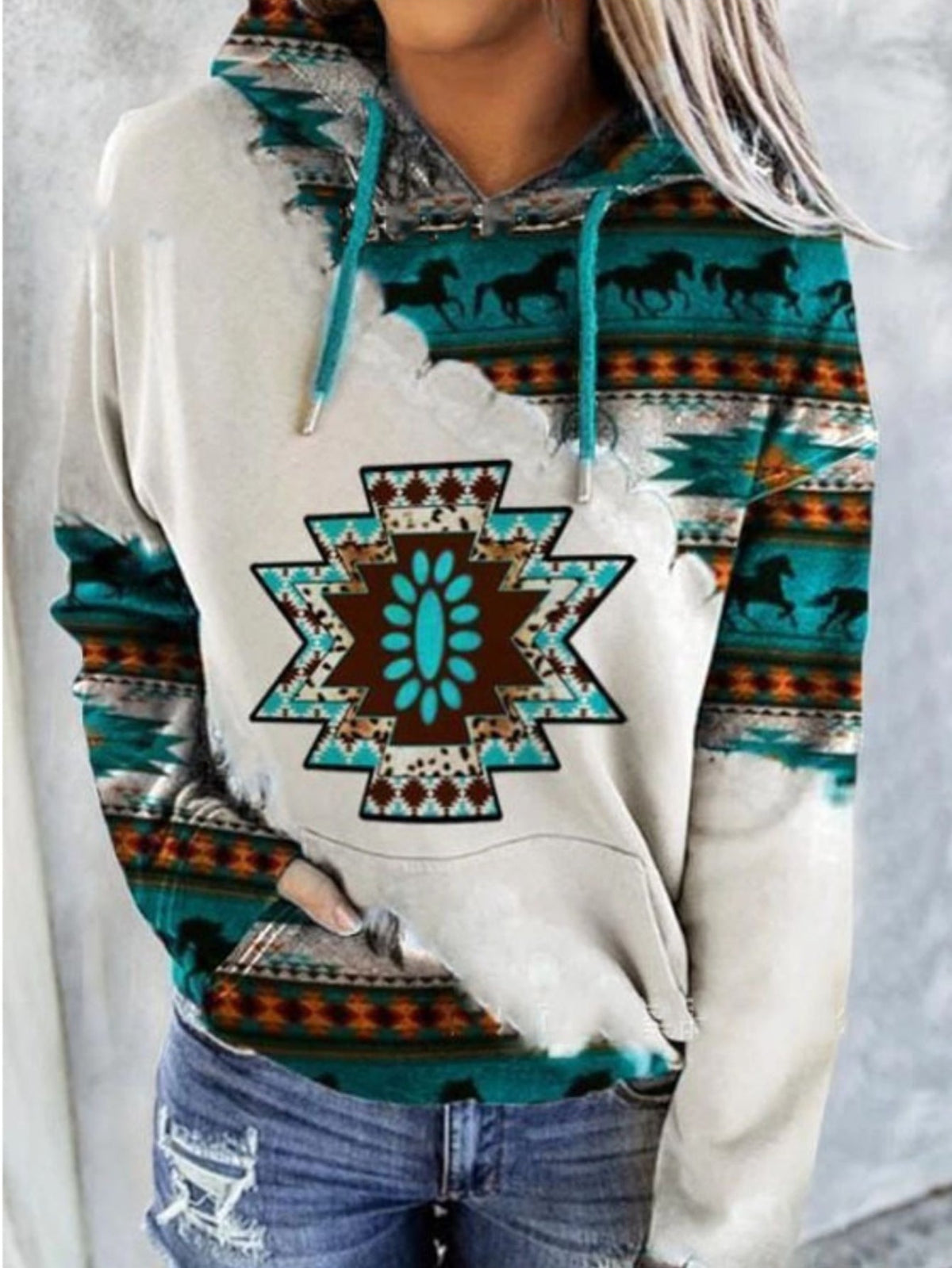 Aztec Geo Print Kangaroo Pocket Hoodie, Casual Long Sleeve Drawstring Hoodies Sweatshirt