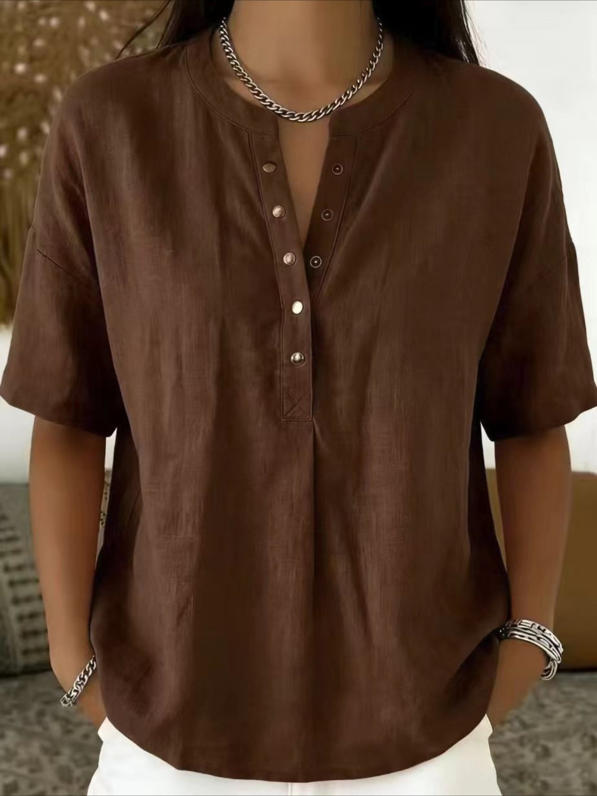 Cotton And Linen Round Neck Short Sleeve Button H-Line Daily Going Out Casual Loose Blouse