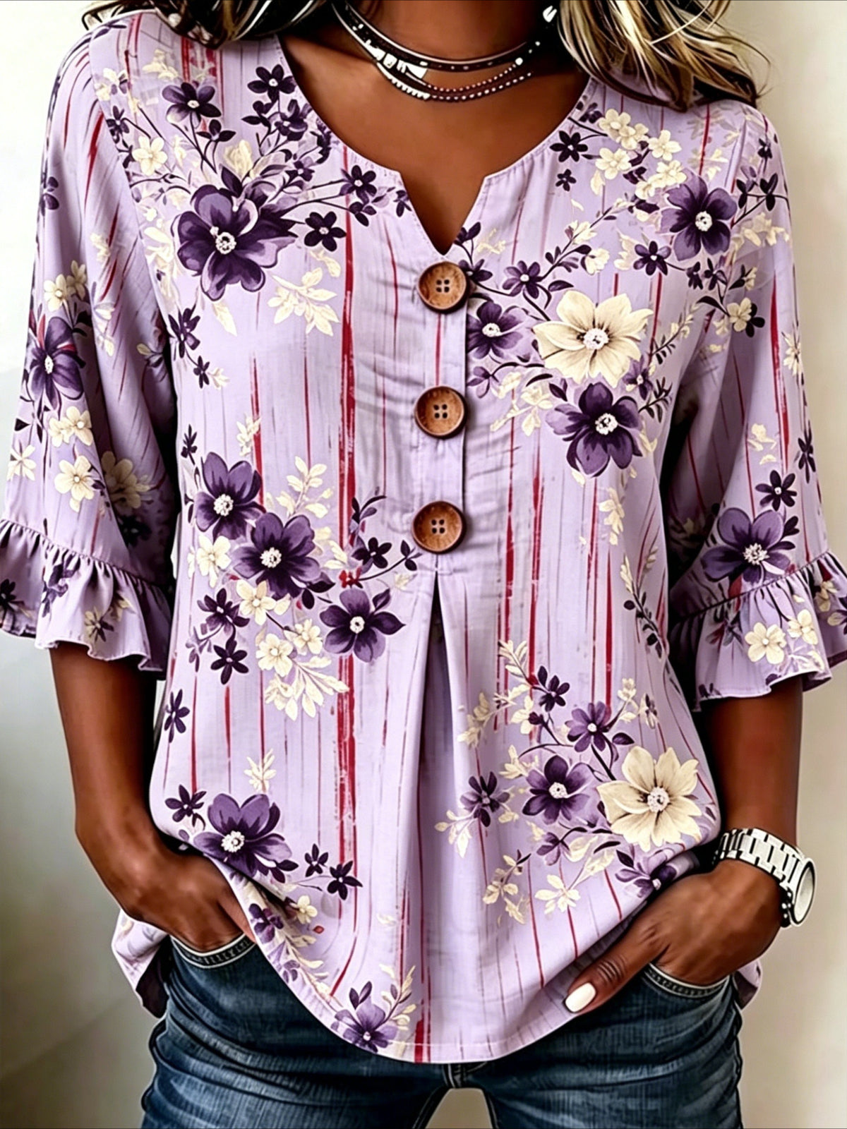 Flower Print V Neck Button Short Ruffle Sleeve Casual Top