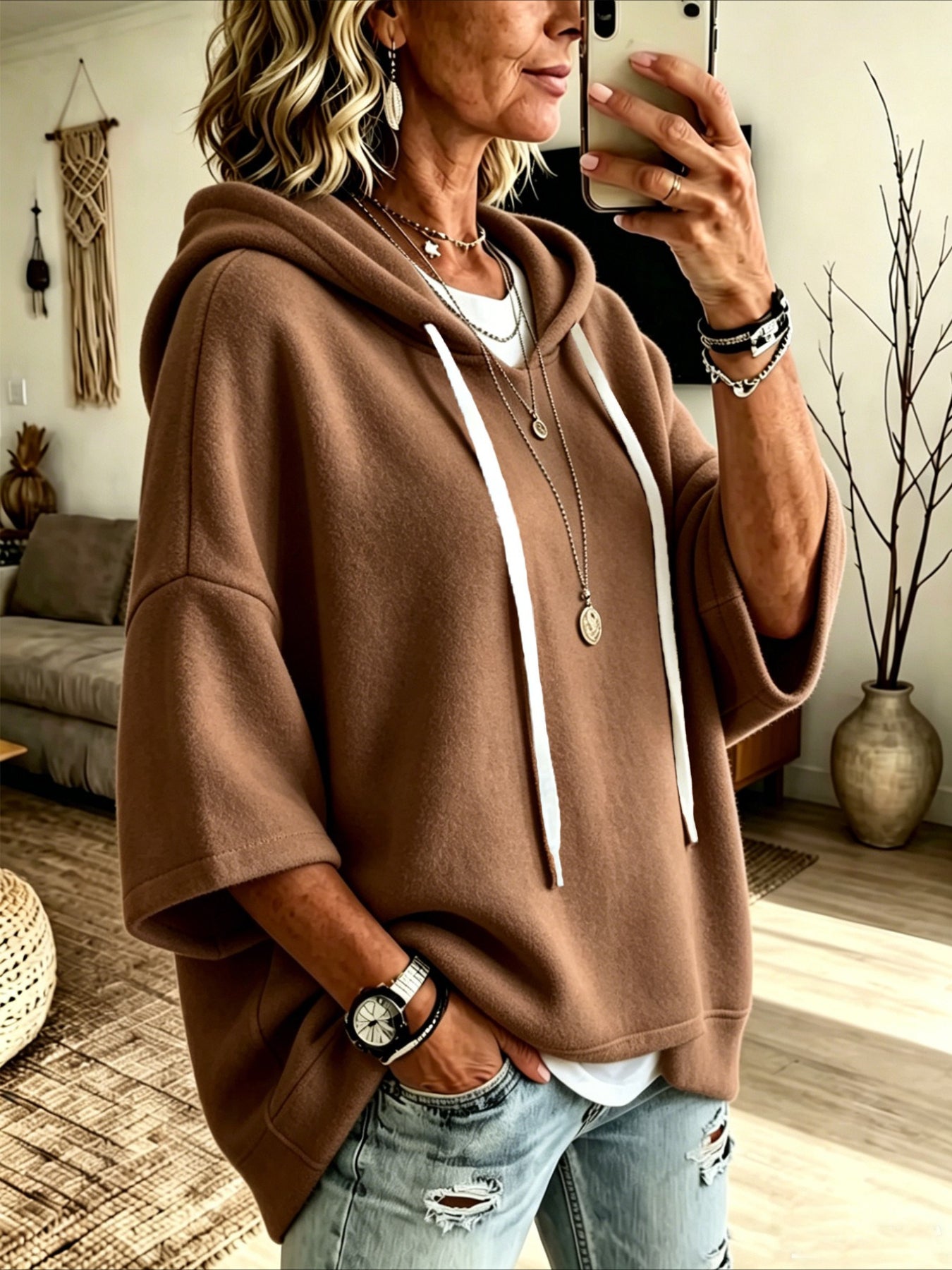 Loose 3/4 Sleeve Hooded Drawstring Bat-sleeved Sweatshirt