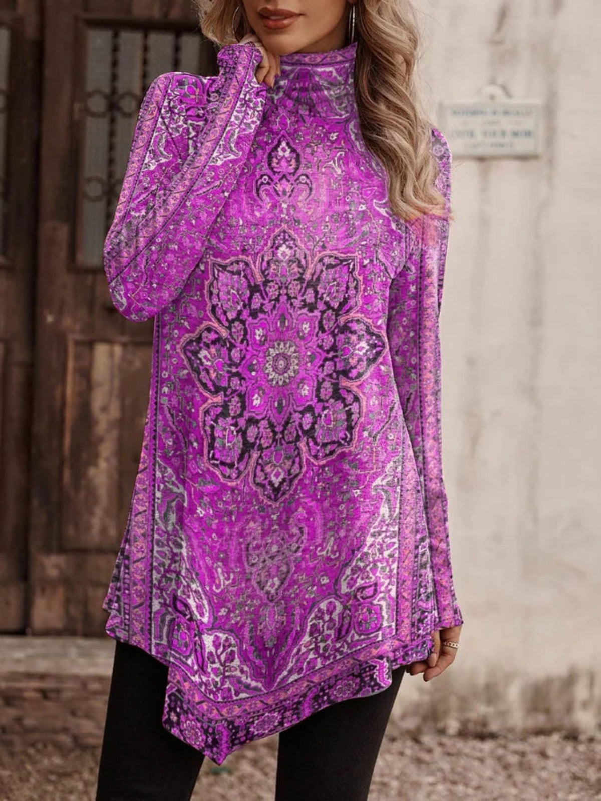 Ethnic Floral Print High Neck Tunics, Boho Long Sleeve Tunic Tops