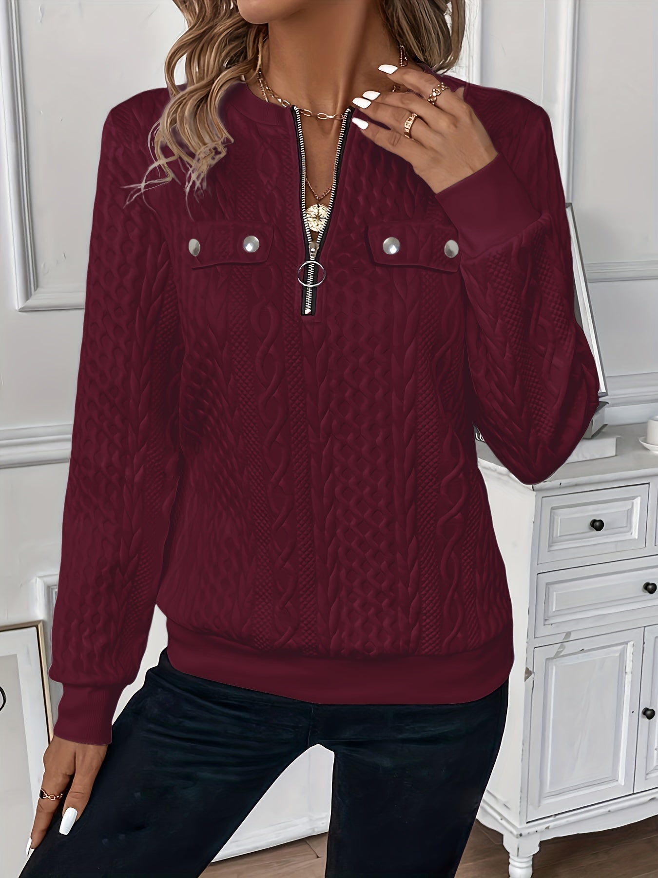 Elegant Crew Neck Zipper Sweatshirt, Solid Color Long Sleeve Top
