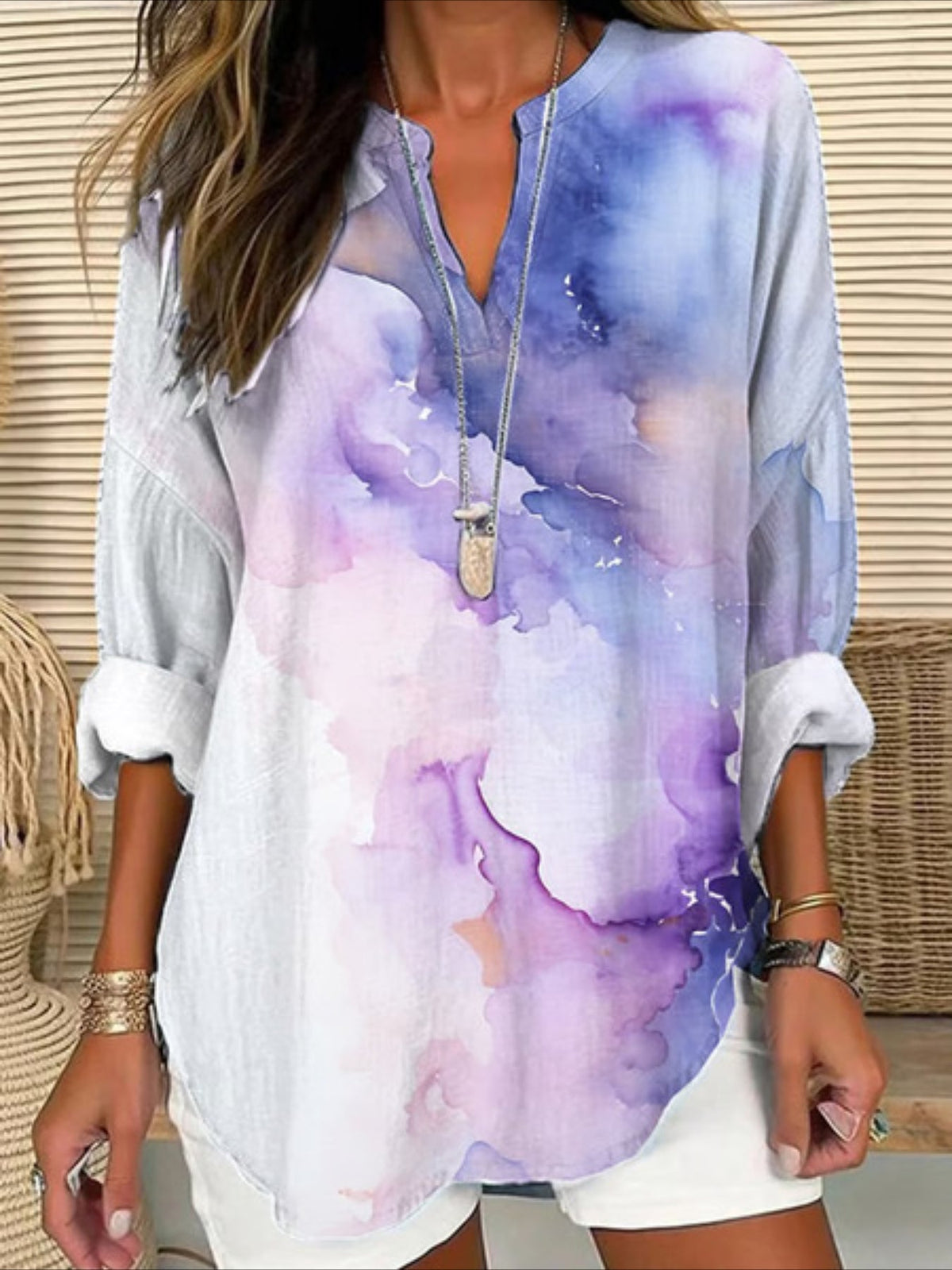 Abstract Long Sleeve Blouse Spring/Fall Printing V Neck Daily Casual Top