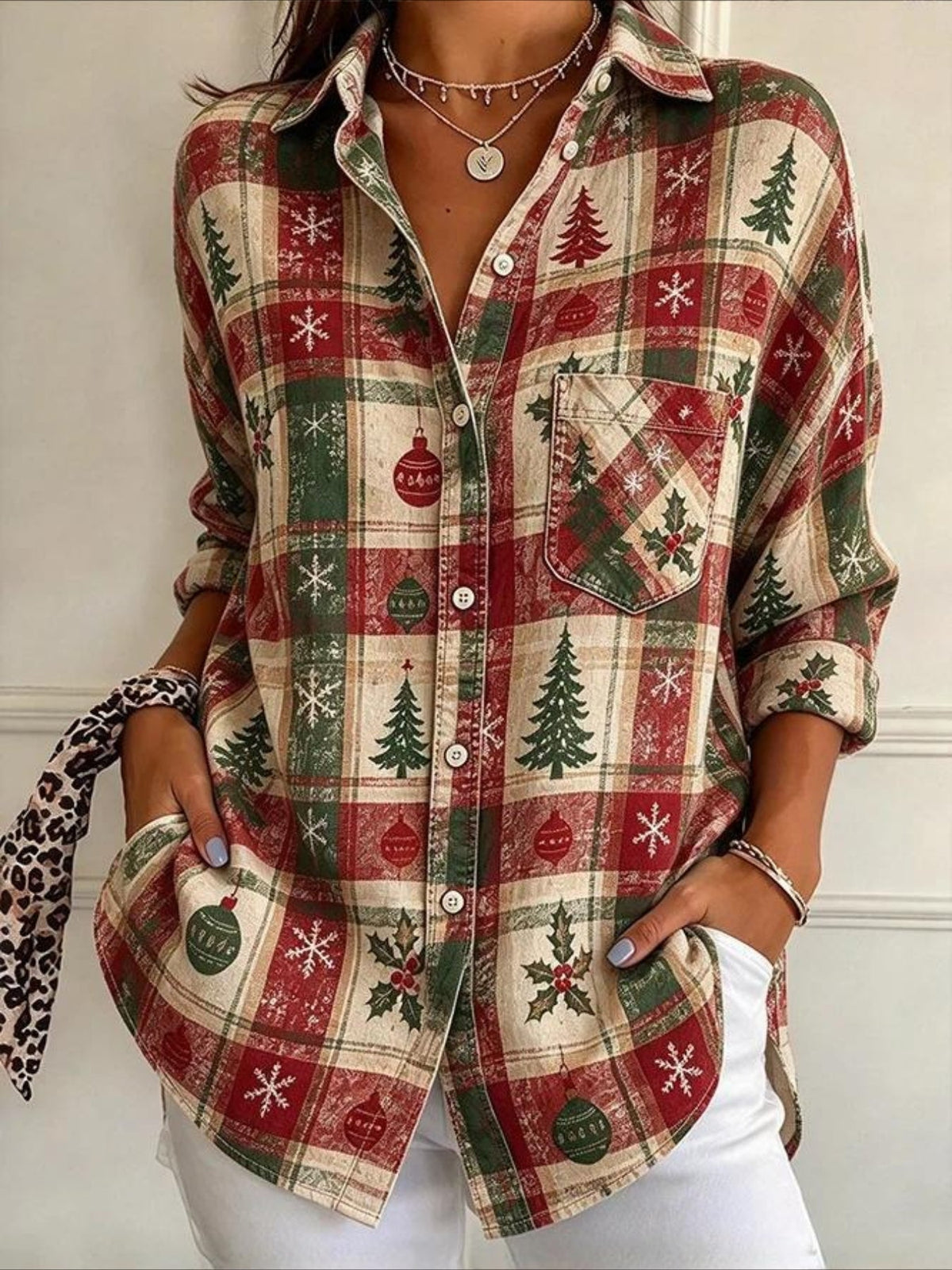 Color-Block Snowflake Christmas Patterns Long Sleeve Plain Regular Micro-Elasticity Regular Fit Shirt