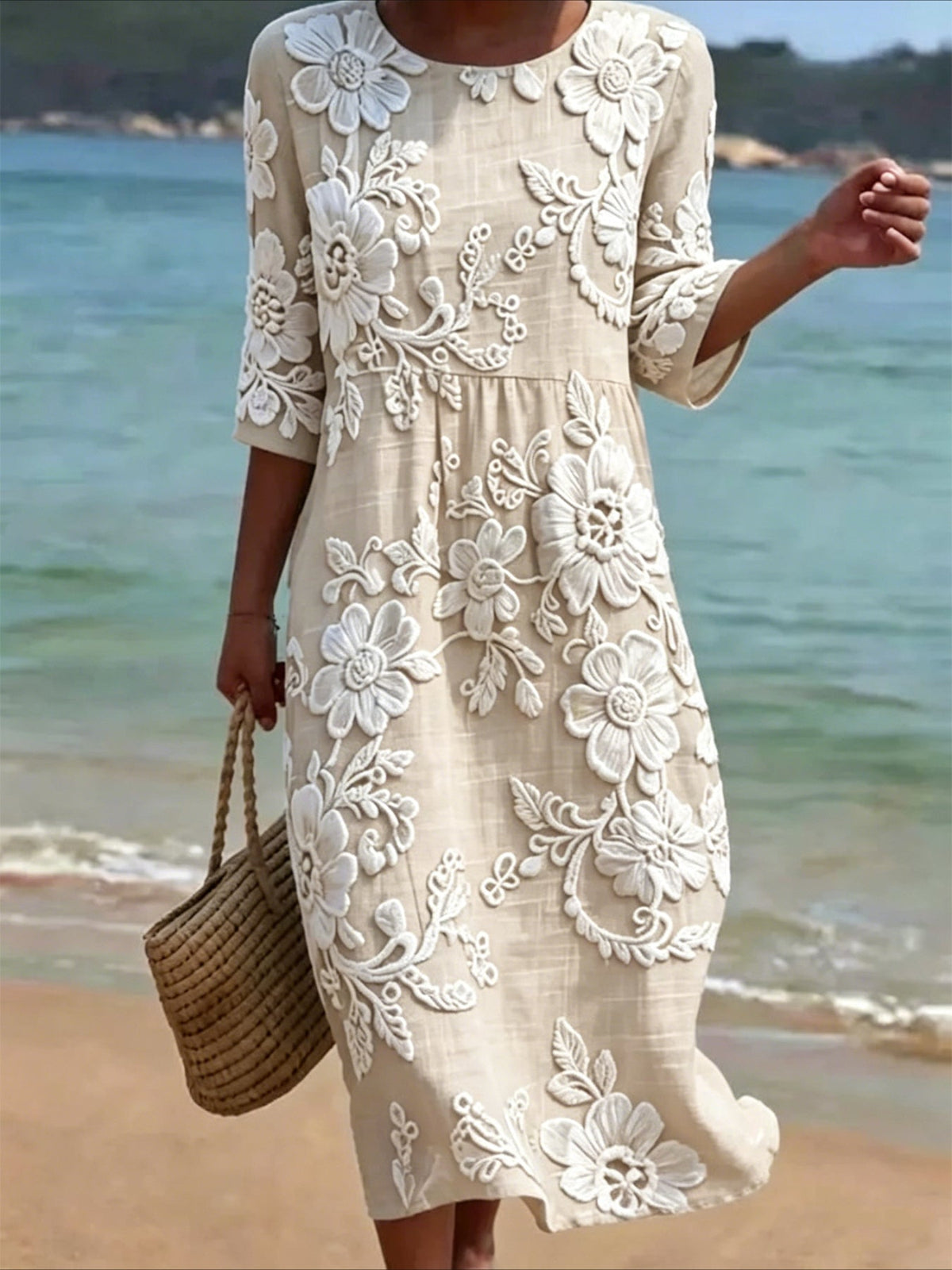 Flower Printed Casual Round Neck Mid Sleeve Dress