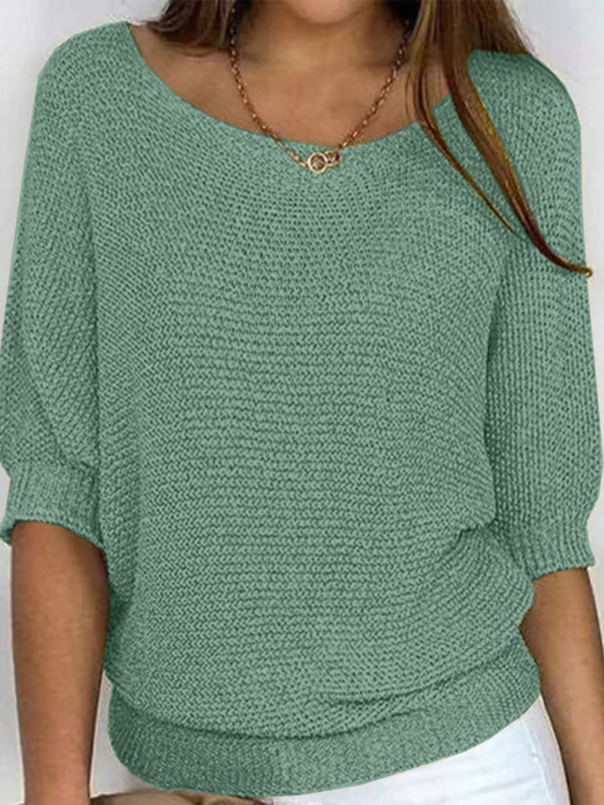 Solid Simple Knit Sweater, Casual Crew Neck 3/4 Sleeve Sweater