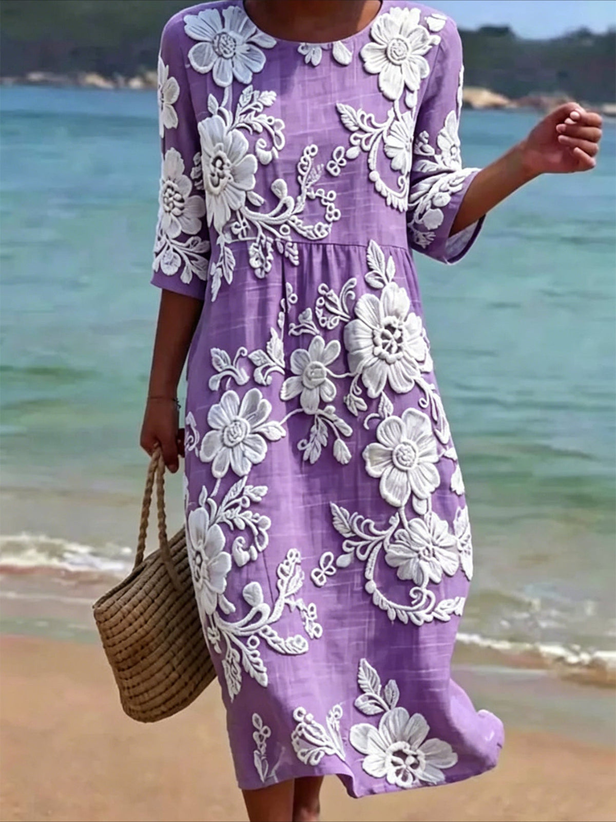 Flower Printed Casual Round Neck Mid Sleeve Dress