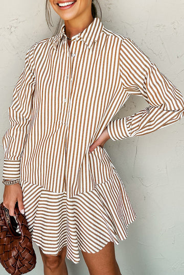 Brown Stripe Ruffled Hem Collared Long Sleeve Shirt Mini Dress