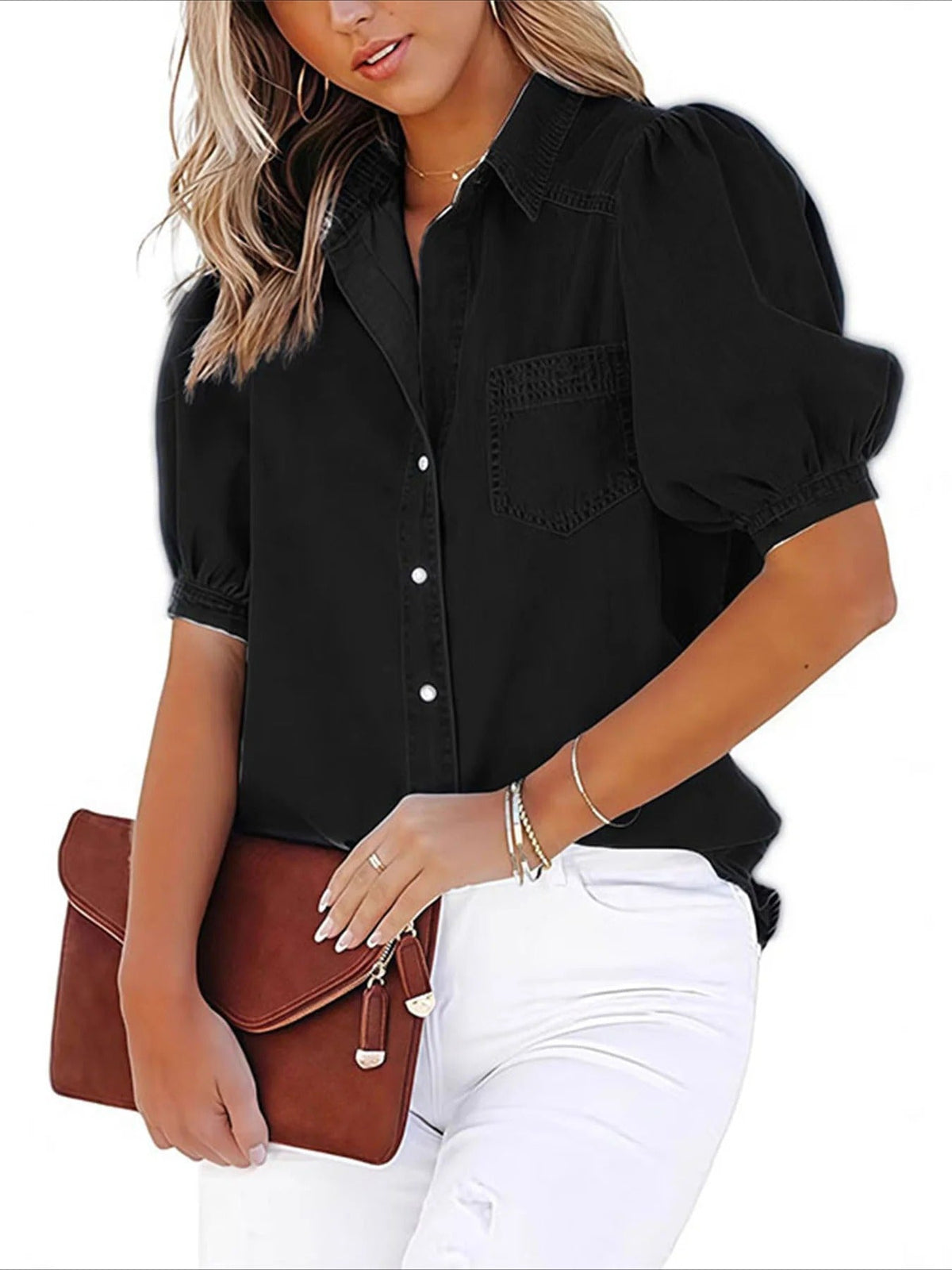 Short Sleeve Denim-Look Casual Shirt