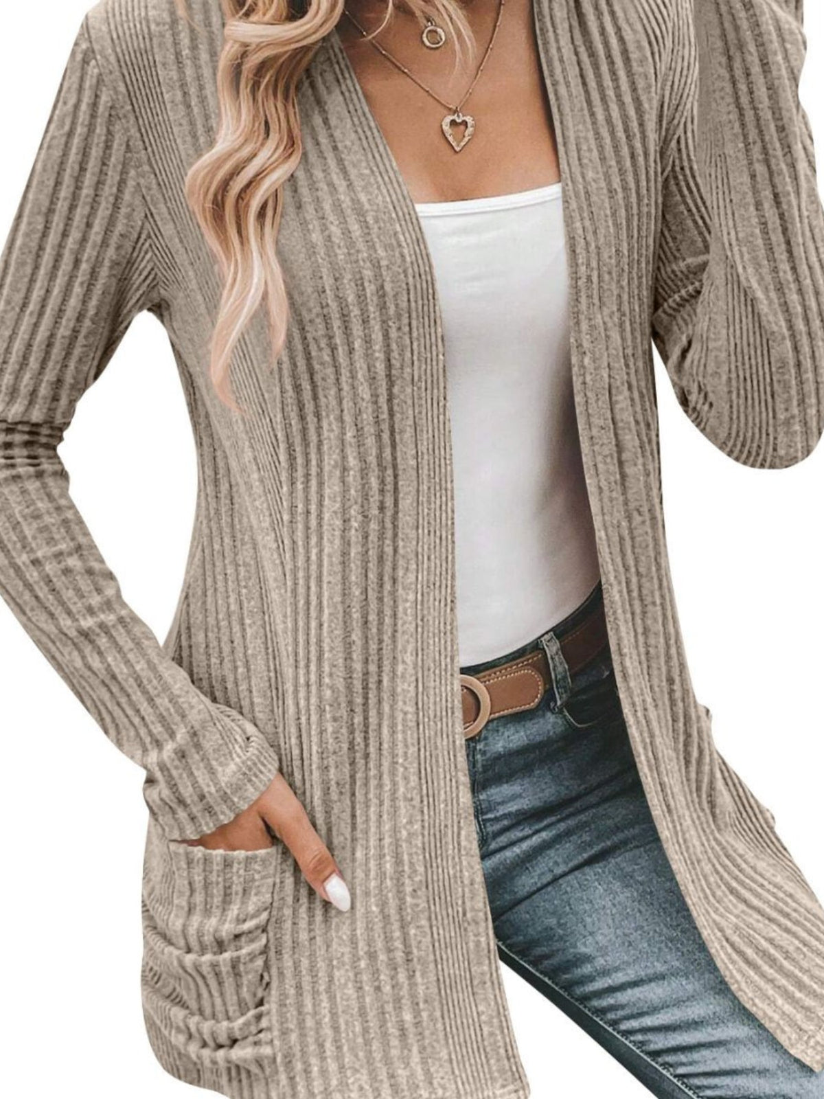 Solid Open Front Rib Knit Cardigan, Casual Long Sleeve Slim Cardigan With Pocket