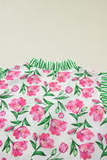 Multicolour Sweet Floral Print Striped Ruffle Trim V Neck Blouse