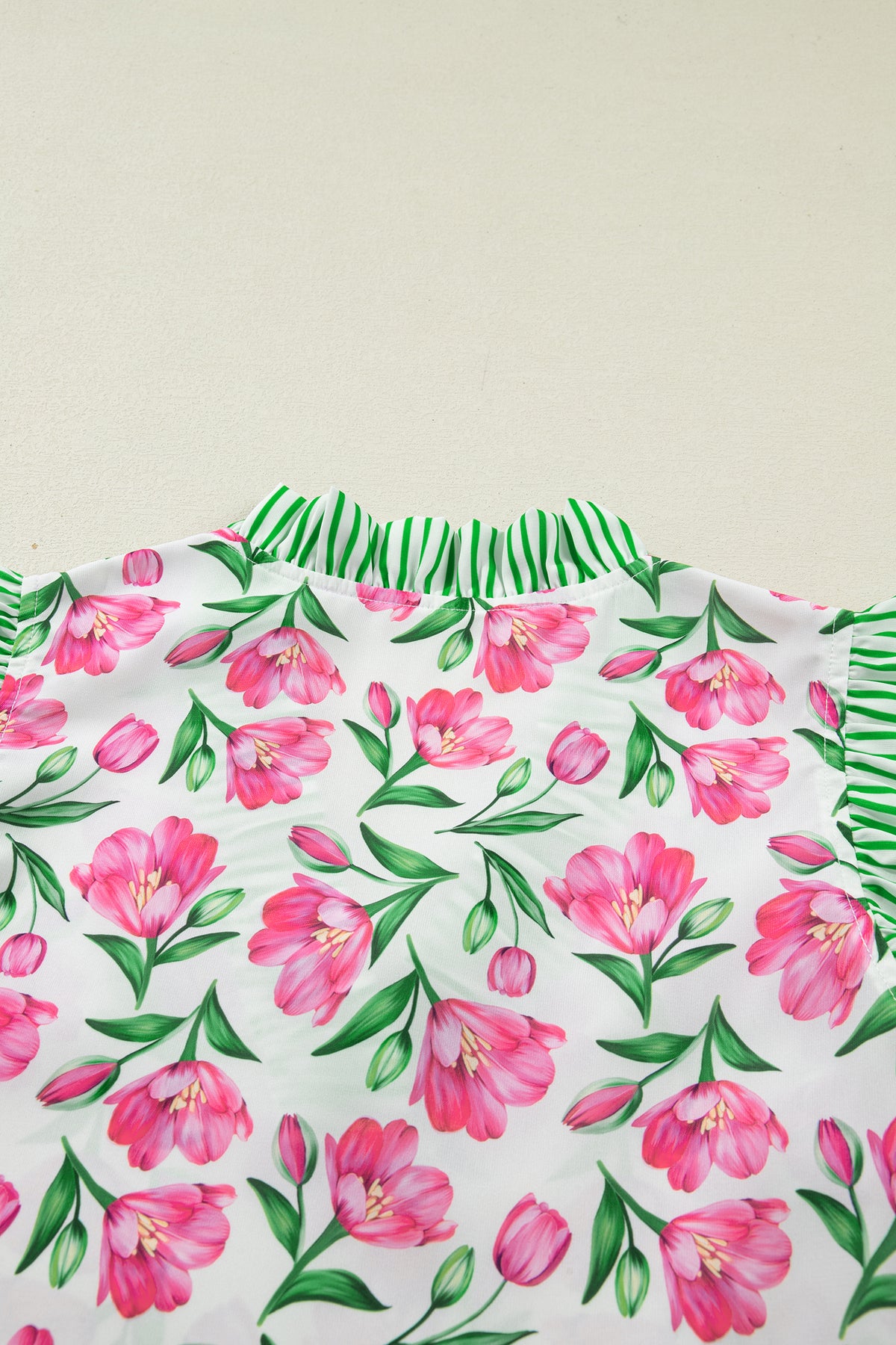Multicolour Sweet Floral Print Striped Ruffle Trim V Neck Blouse