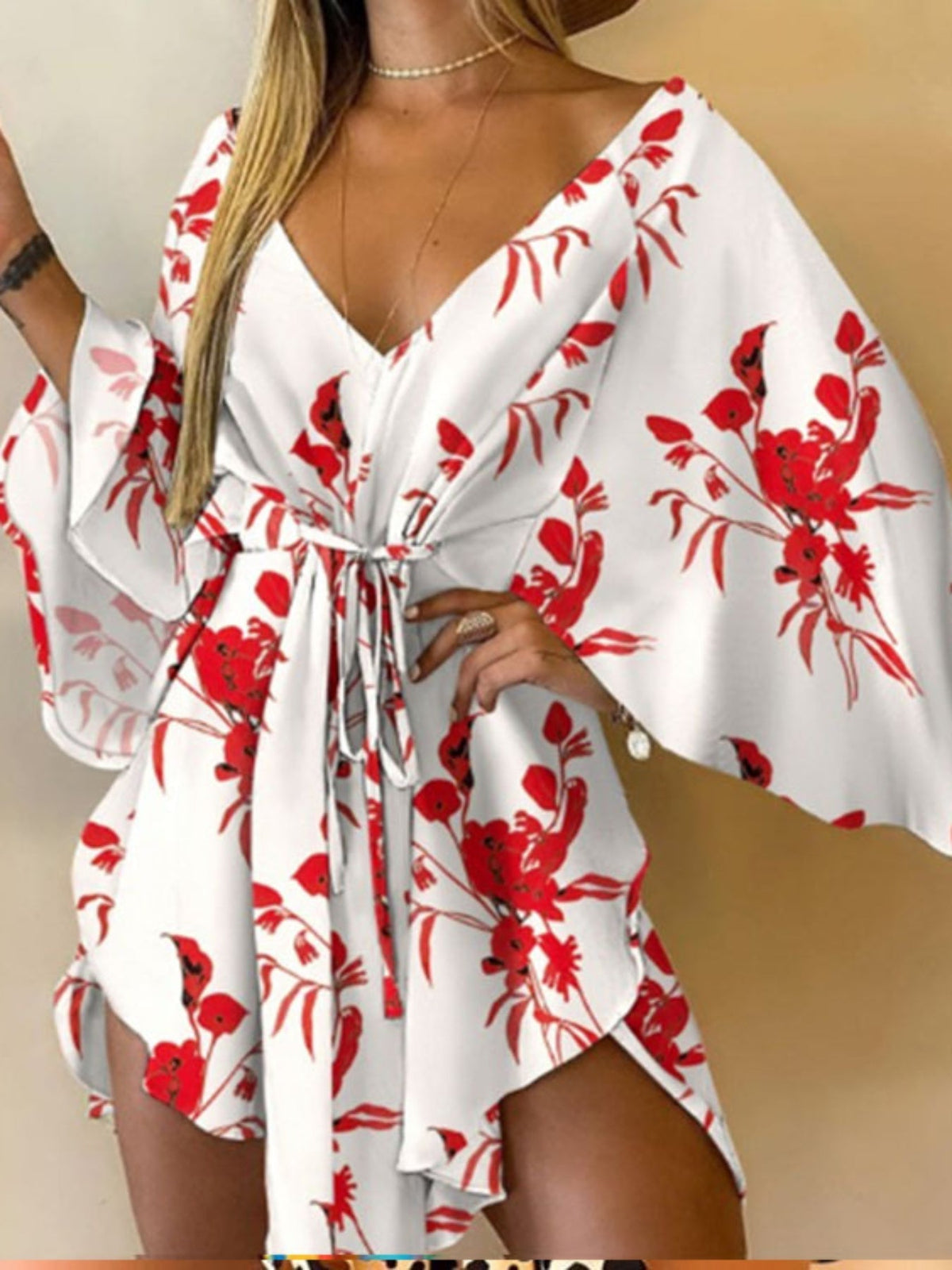 Full Printed V Neck Dress, Casual Tie Waist Batwing Sleeve Dress