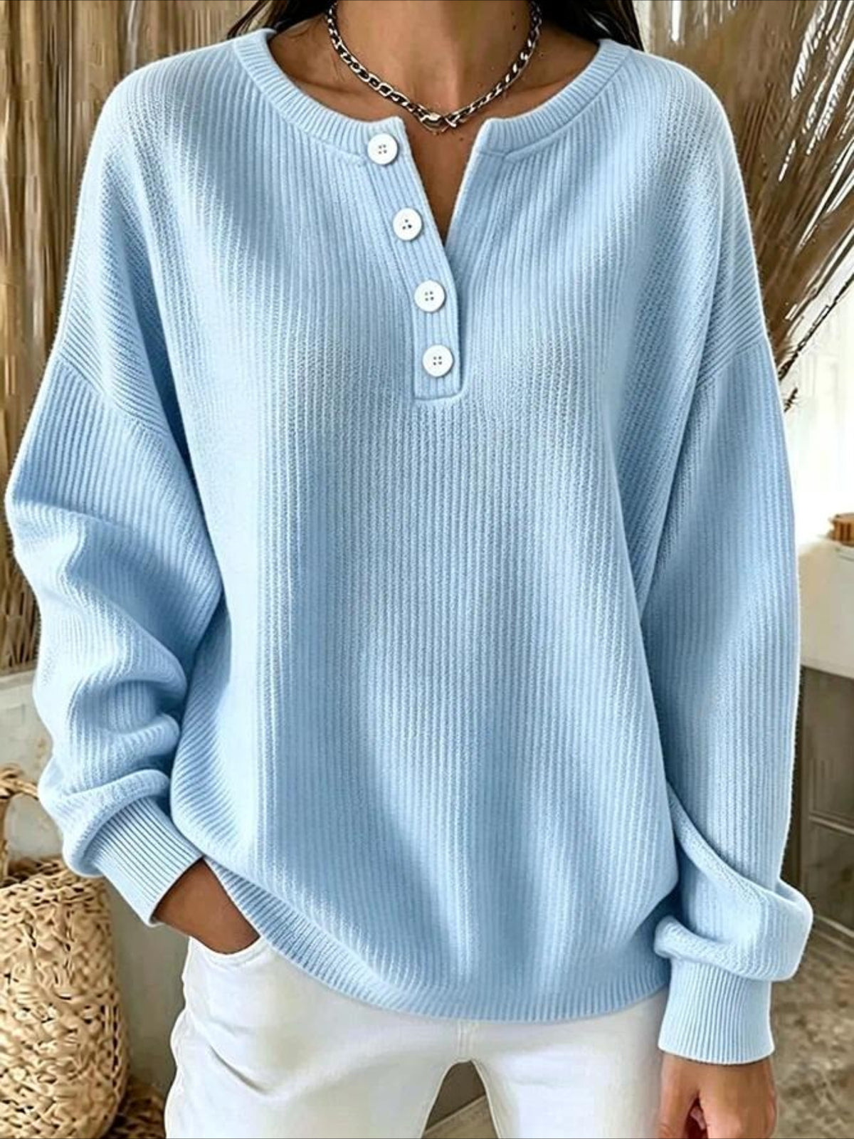 Solid Color V Neck Button Long Sleeve T-Shirt