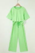 Light Green Lace Patchwork Half Sleeve Top Elastic Waist Pants Two Piece Set